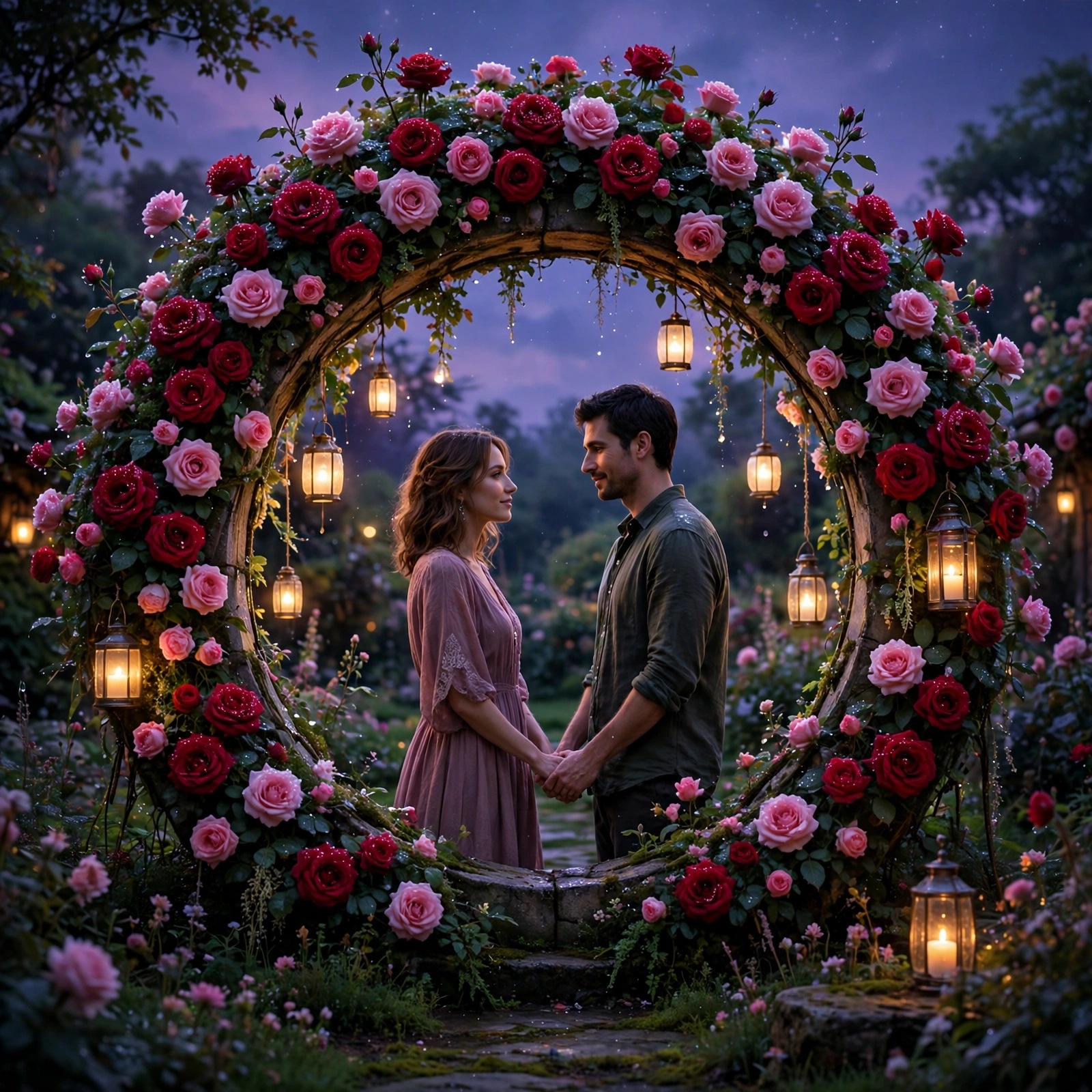 Couple holding hands inside a rose-covered moon gate archway in a twilight garden