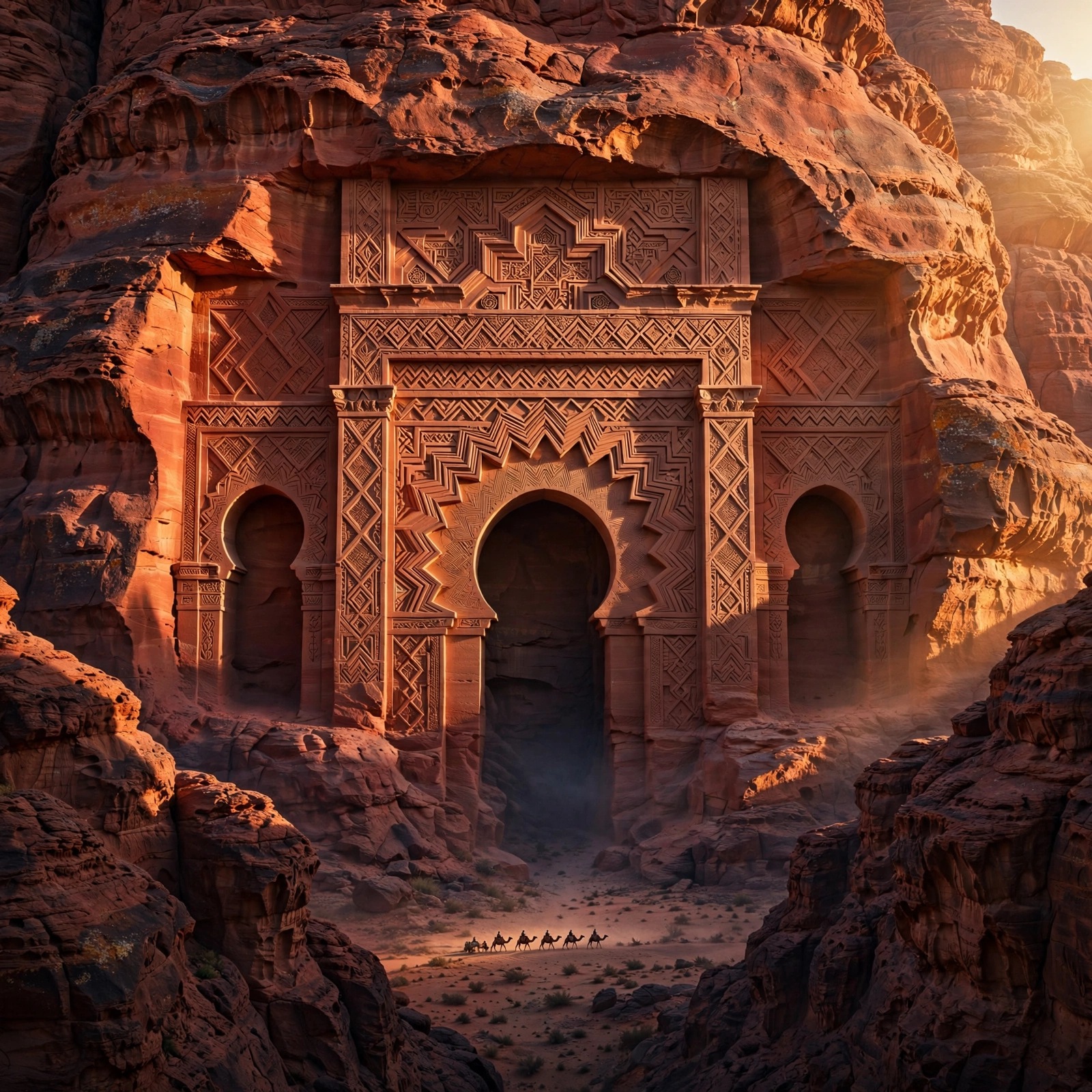 Ornate facade carved into rose-red canyon rock at golden hour, Islamic heritage DP