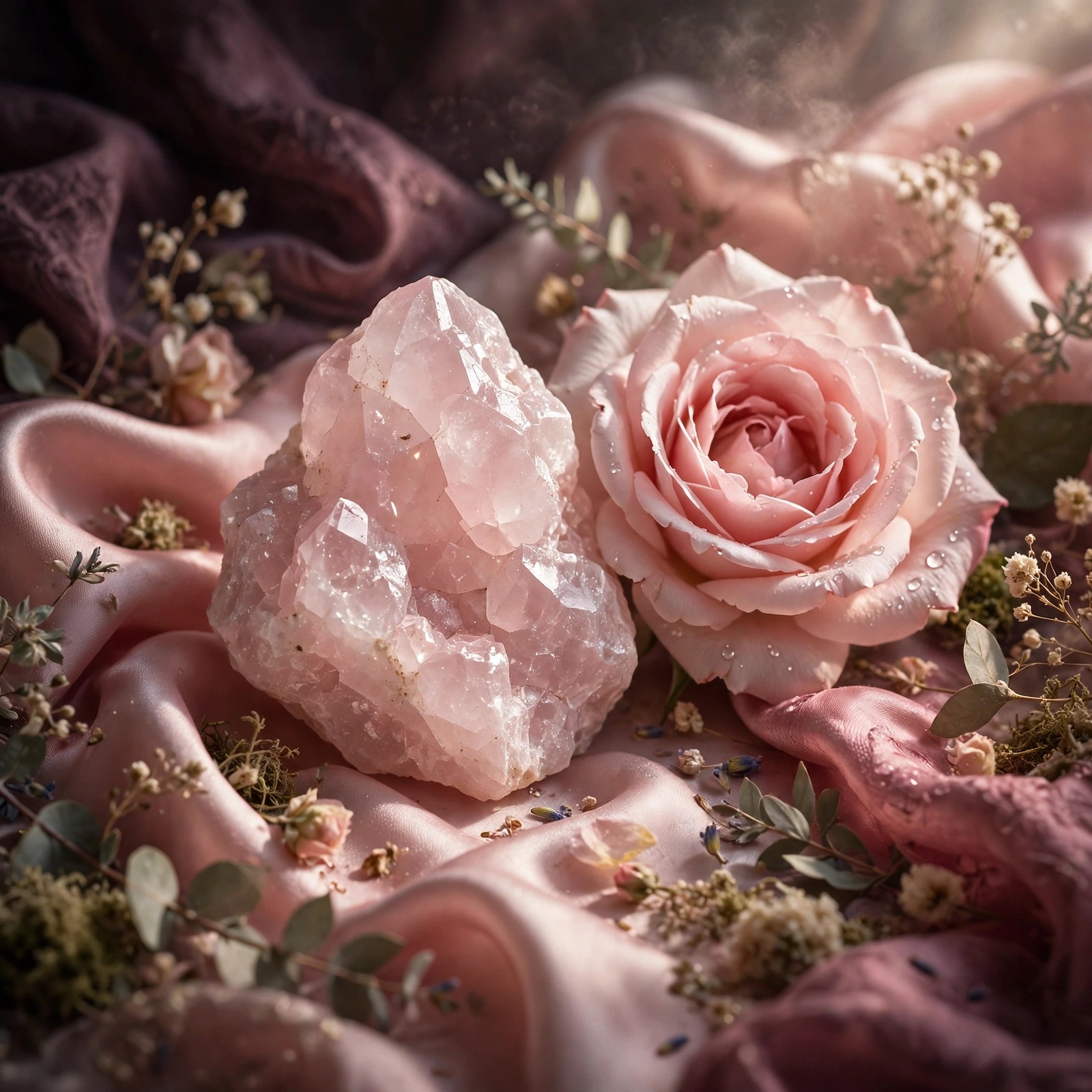 Rose quartz crystal beside a pink rose bloom on silk