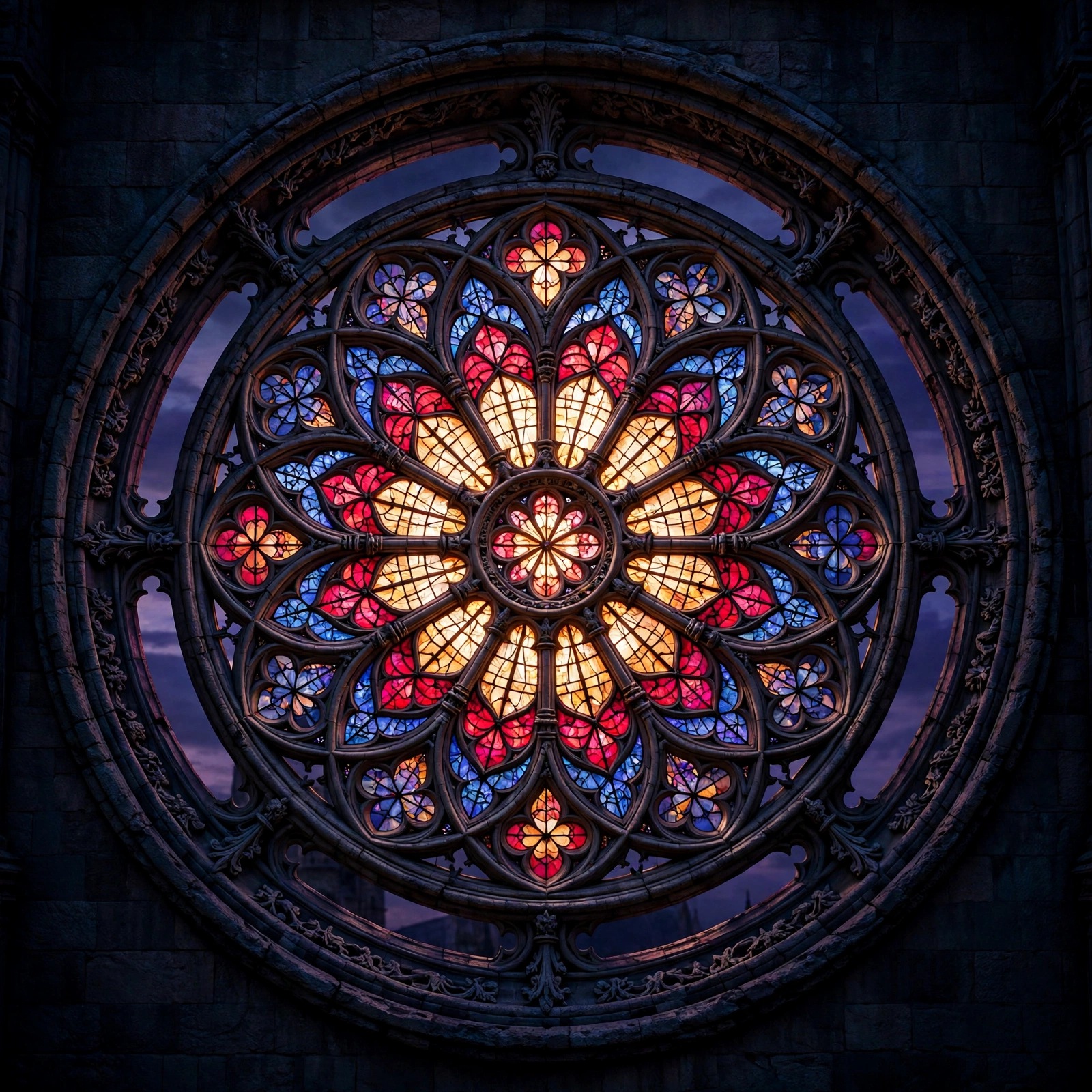 Gothic rose window with glowing stained glass at dusk, aesthetic DP