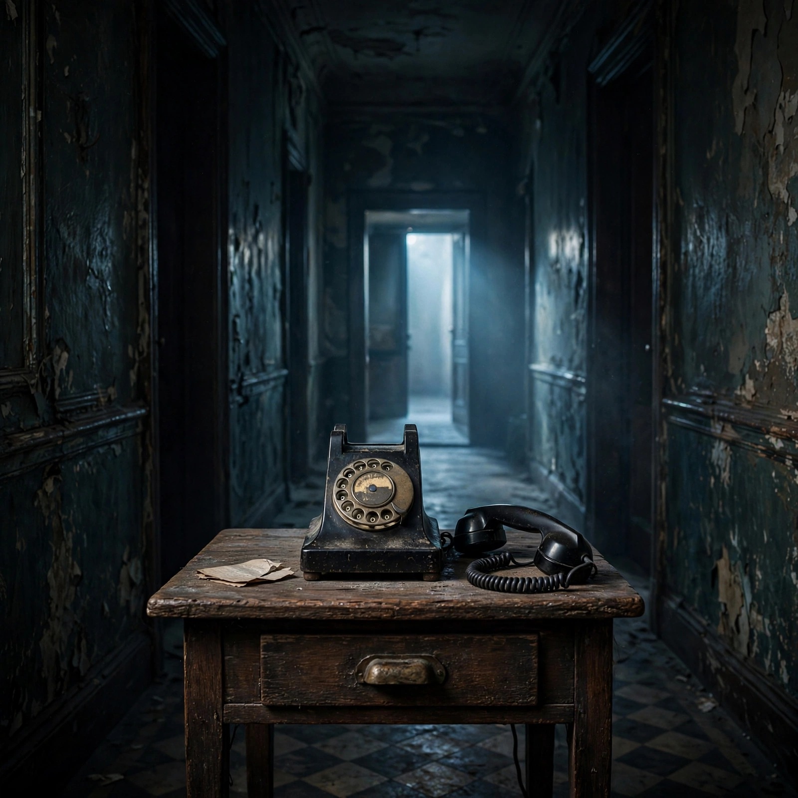 Rotary Telephone Off the Hook in a Dark Hallway