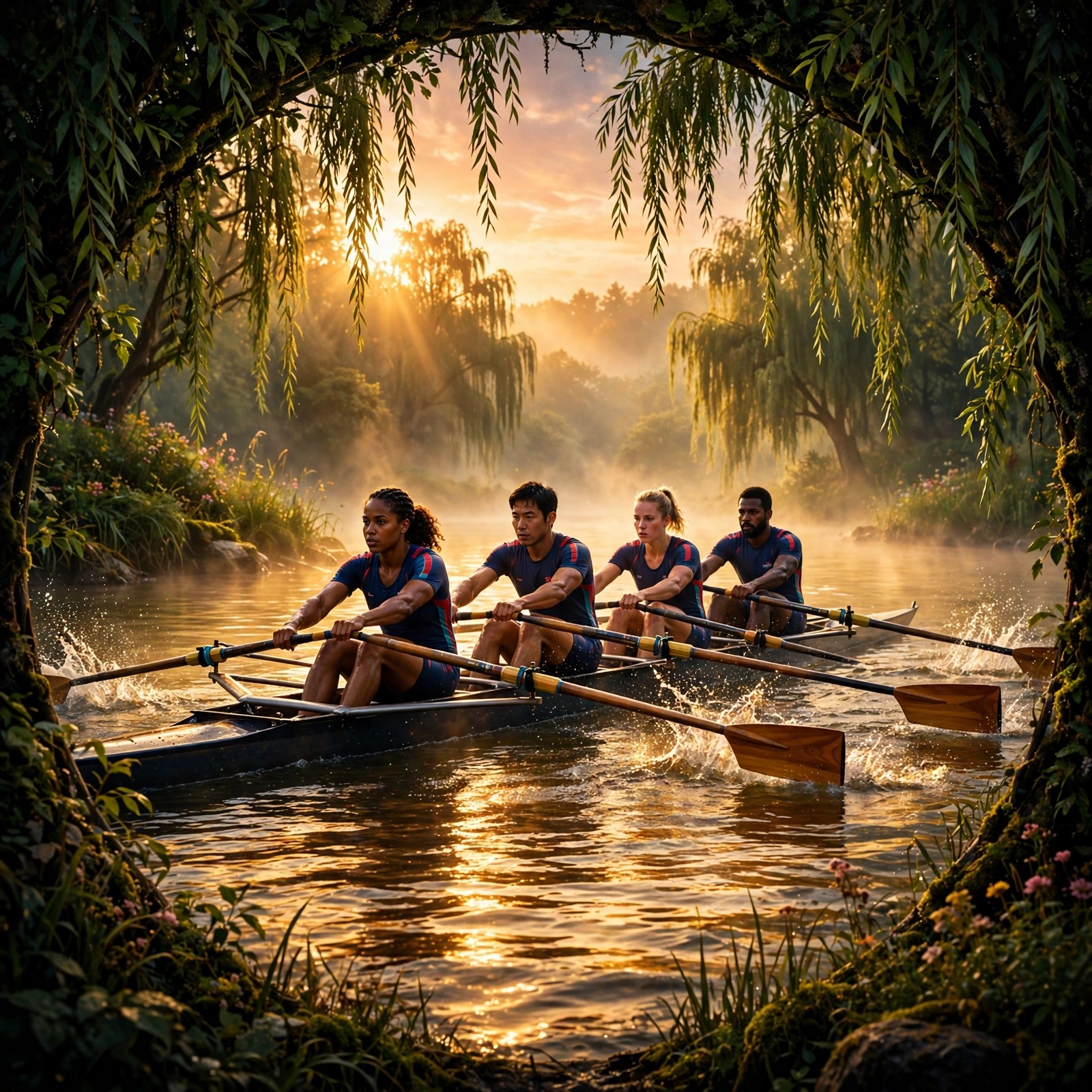 Rowing team in sync on misty river at sunrise