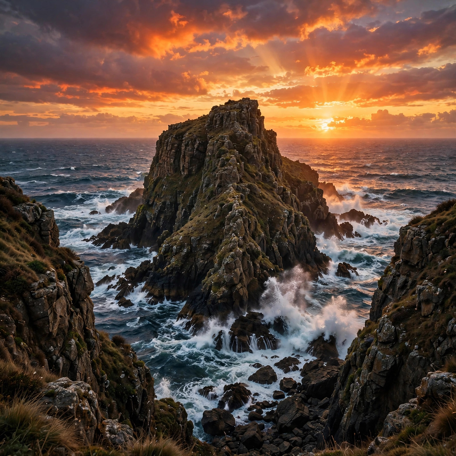Rugged ocean cliff at fiery sunset with waves crashing on rocks far below