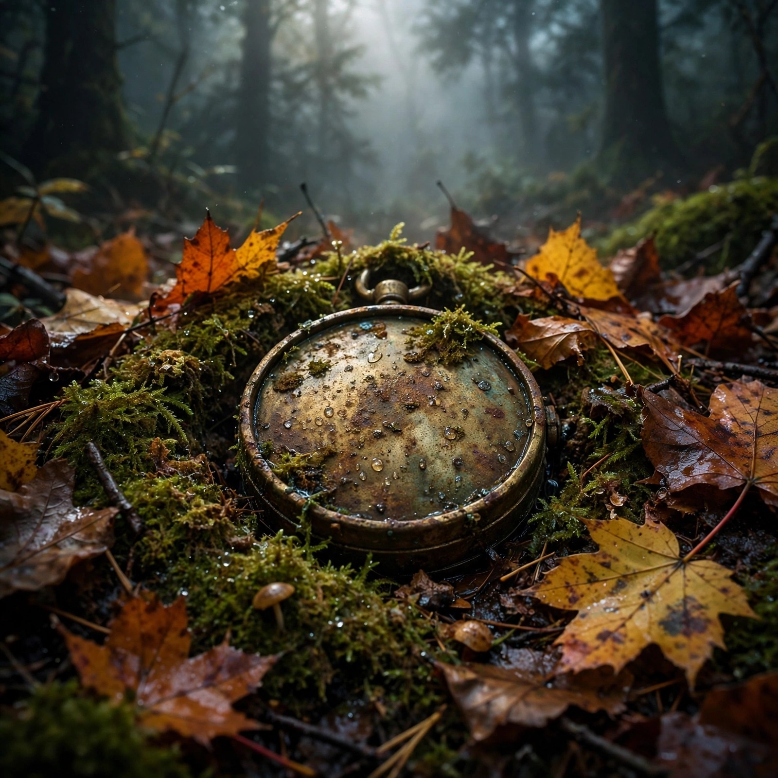 rusted compass misty forest