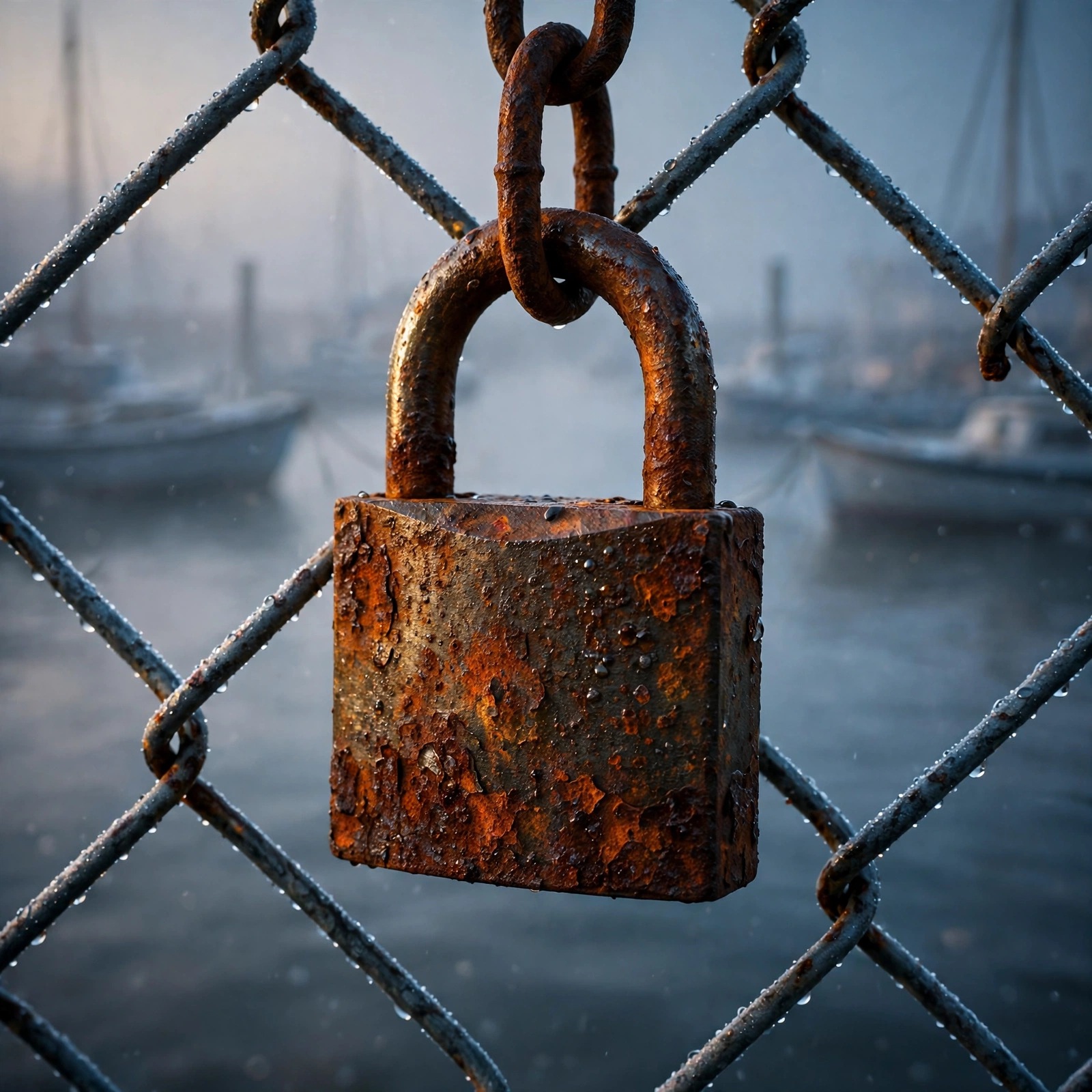Rusted padlock on a harbor fence at dawn in mist, melancholic profile picture