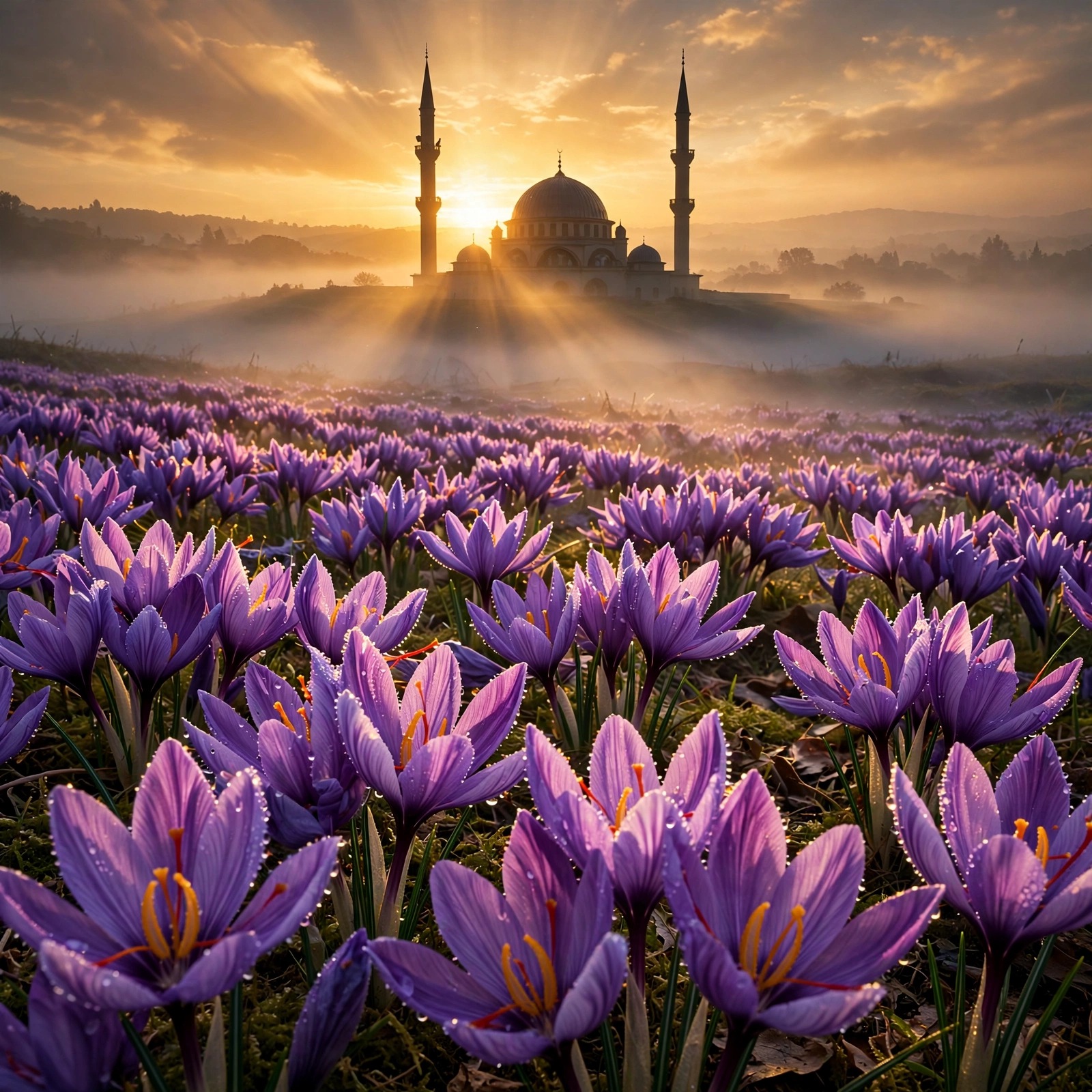Saffron crocus field at sunrise with a mosque