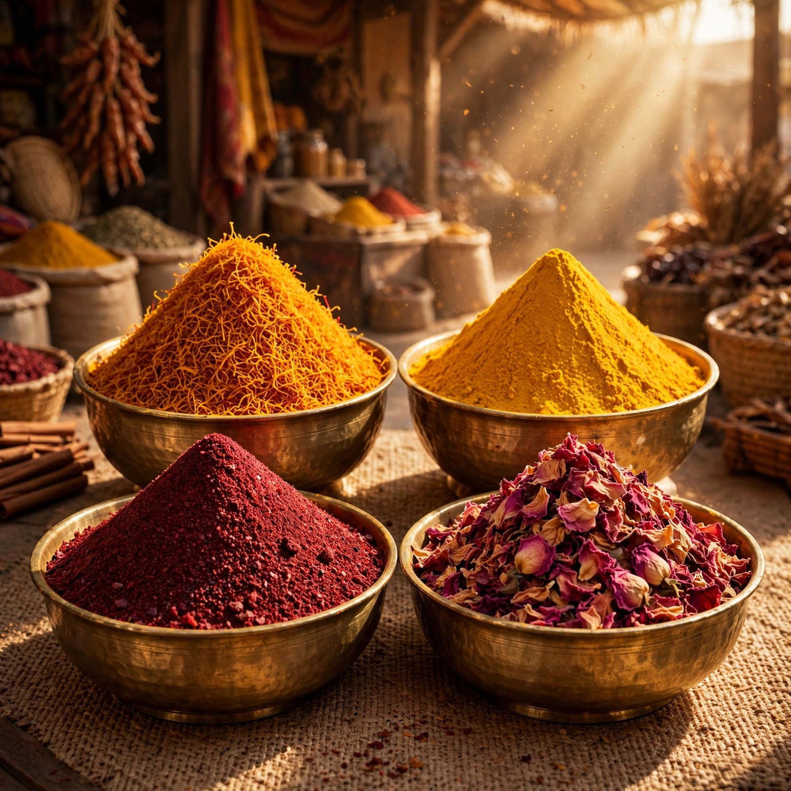 saffron spice pyramids brass bowls souk islamic dp