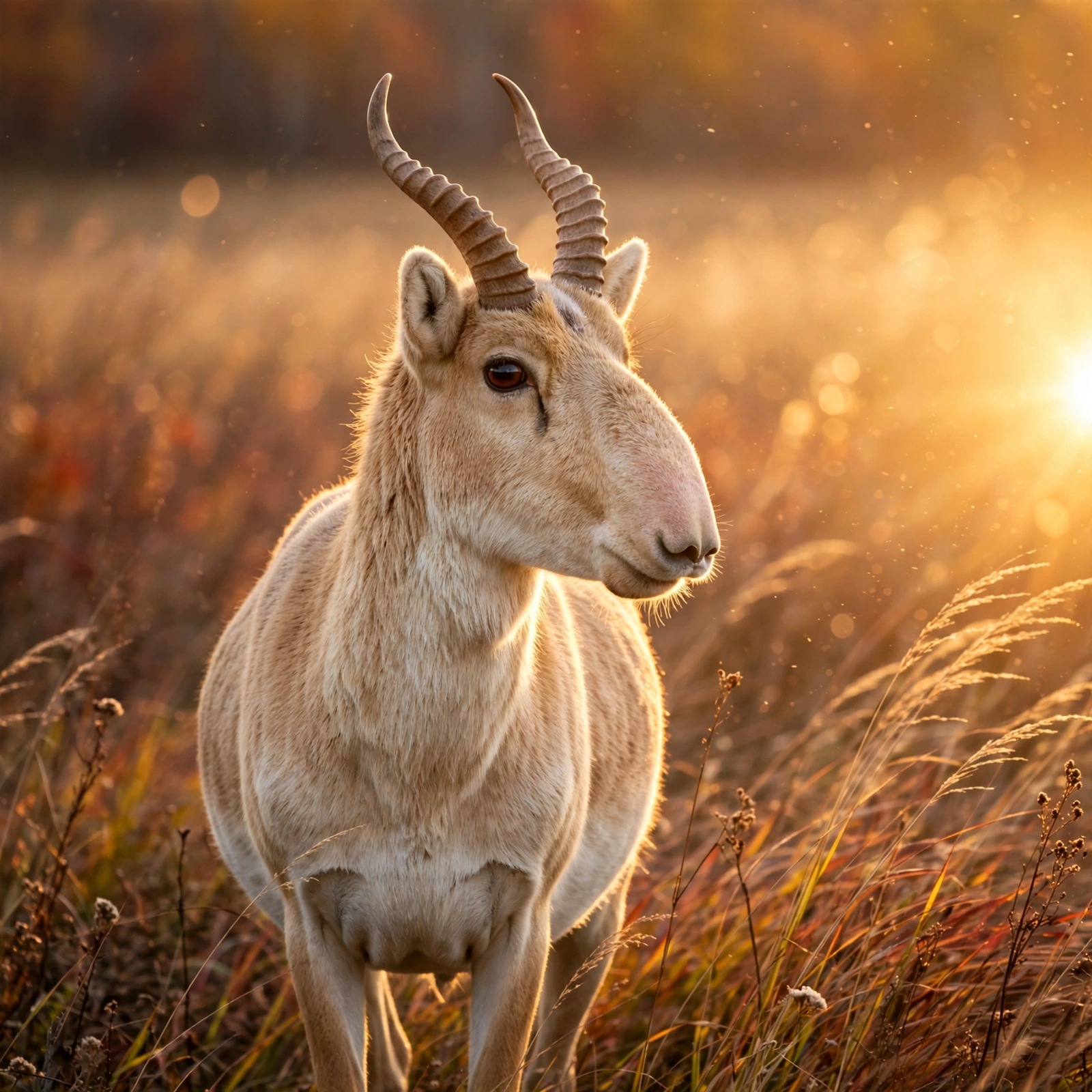 Saiga antelope with bulbous nose on a golden autumn steppe