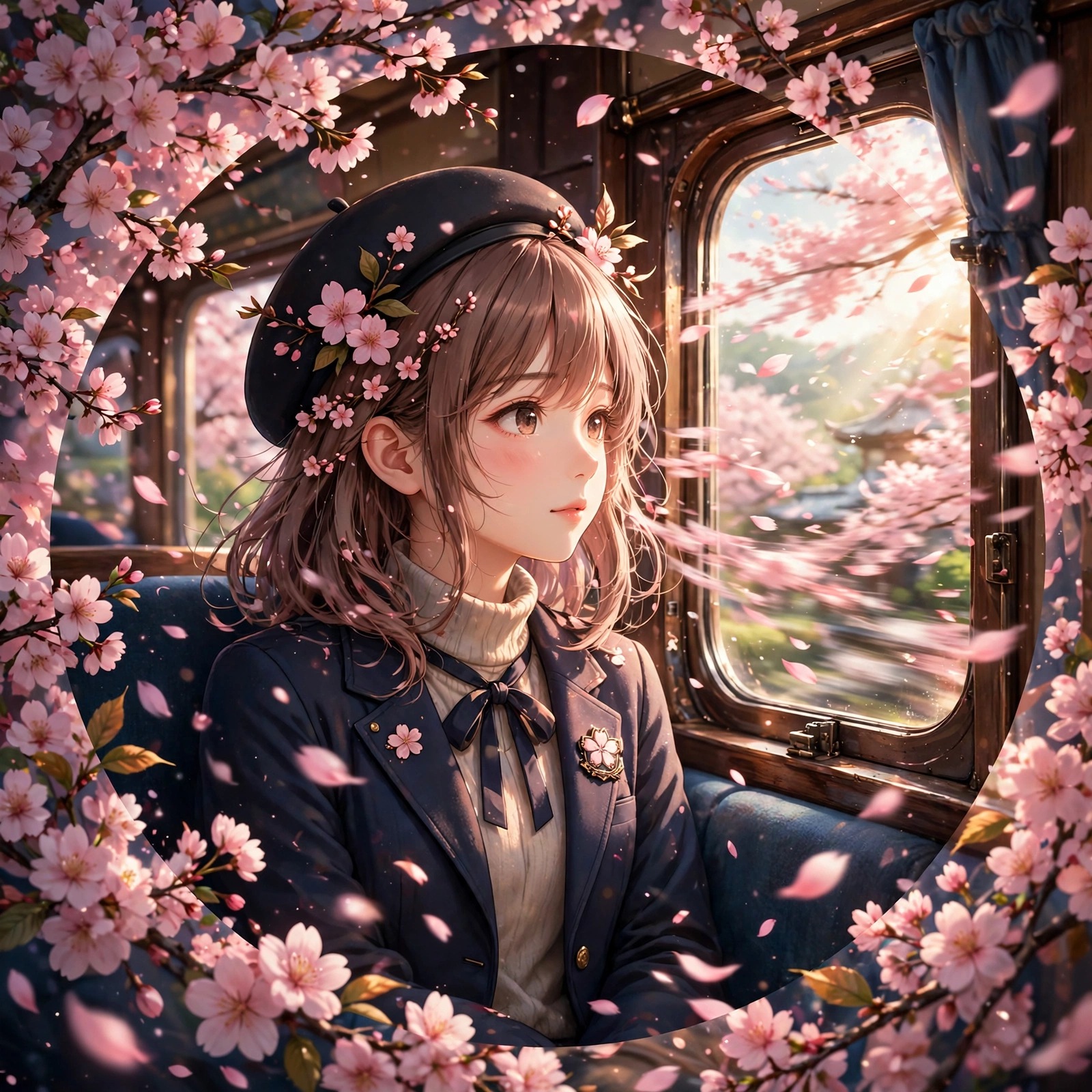 Anime girl gazing from a train window amid cherry blossom petals