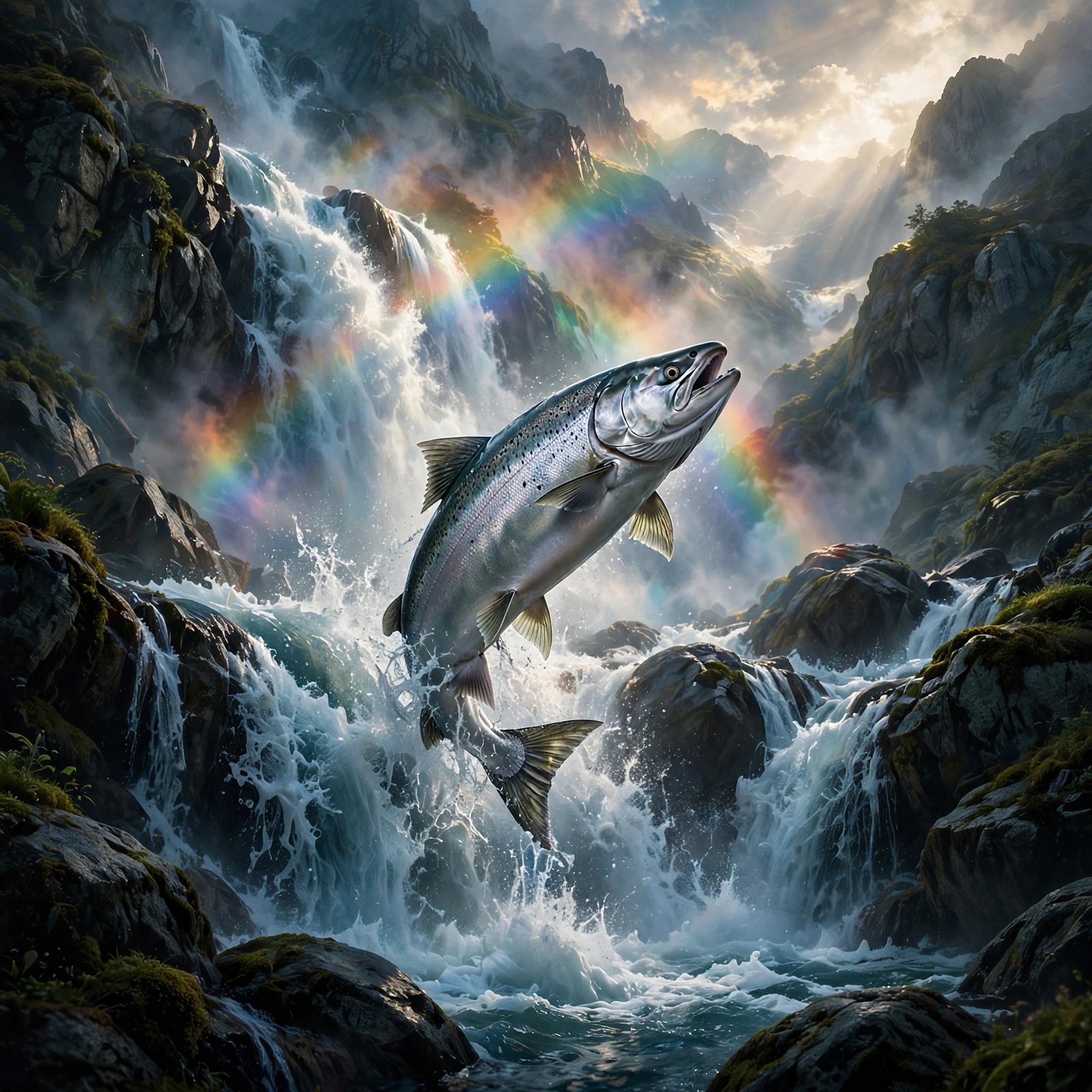 Salmon Leaping the Cascade, square motivational WhatsApp DP