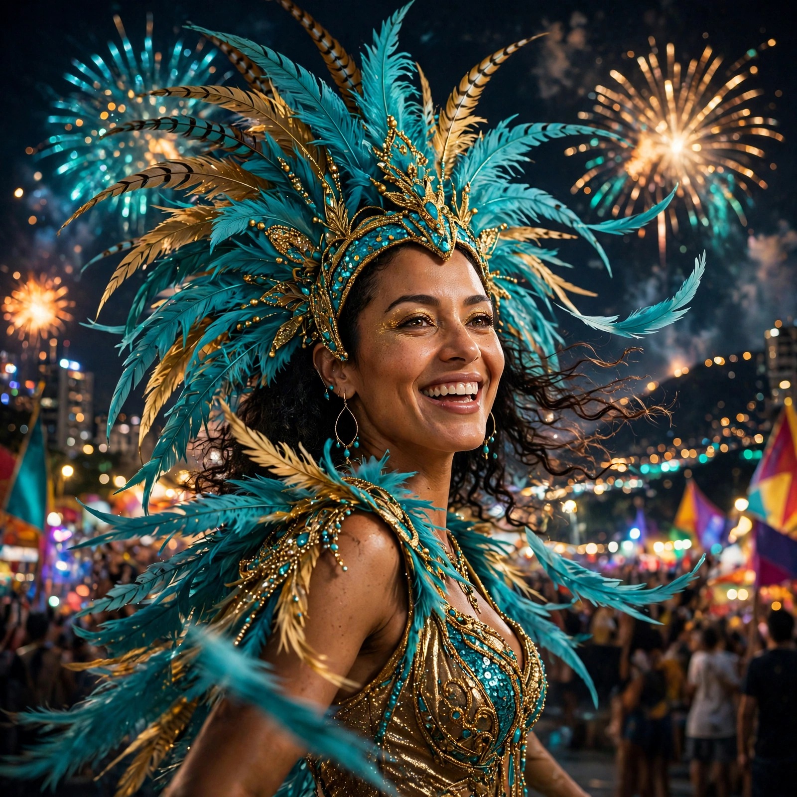 Woman samba dancer with turquoise and gold feather headdress at Rio carnival, WhatsApp DP