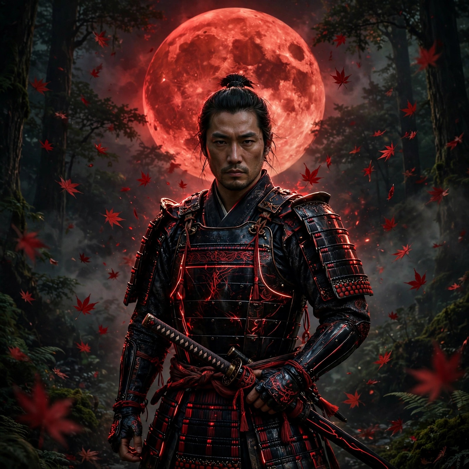 Samurai warrior under a blood-red moon with falling red maple leaves, boys WhatsApp DP