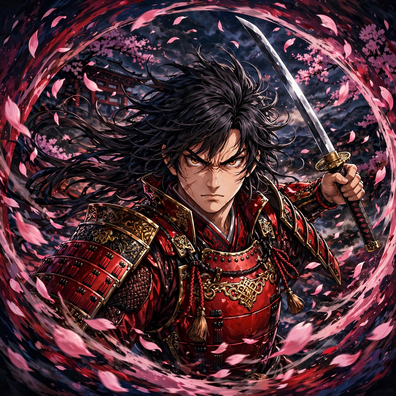 anime samurai warrior with katana among cherry blossoms dp