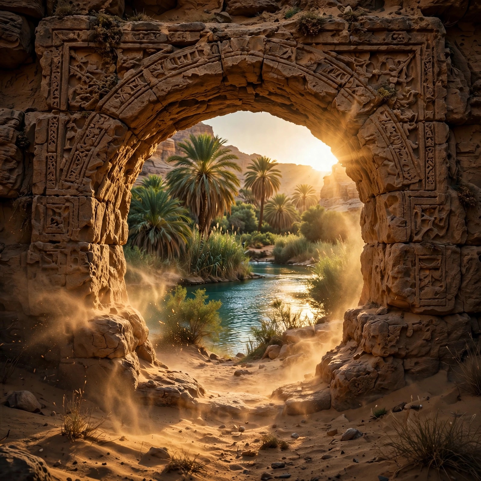 Carved sandstone arch framing a palm oasis, Islamic desert DP
