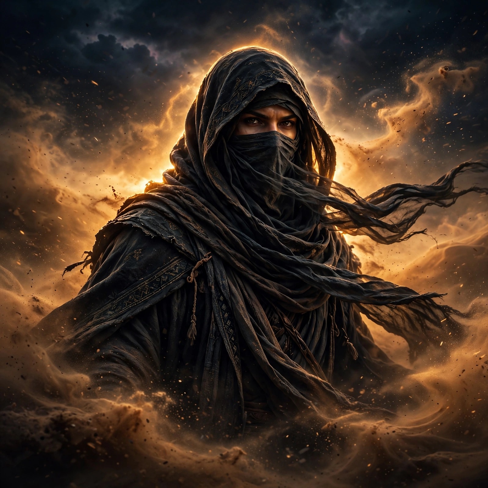 Veiled nomad walking through sandstorm at dusk, attitude profile picture