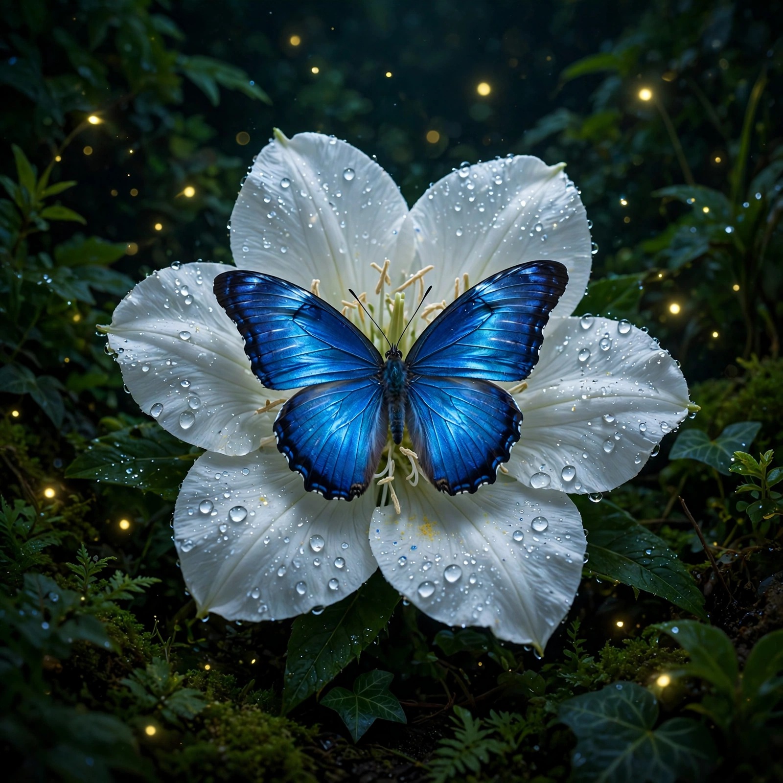 Sapphire Butterfly on a Moonflower at Night