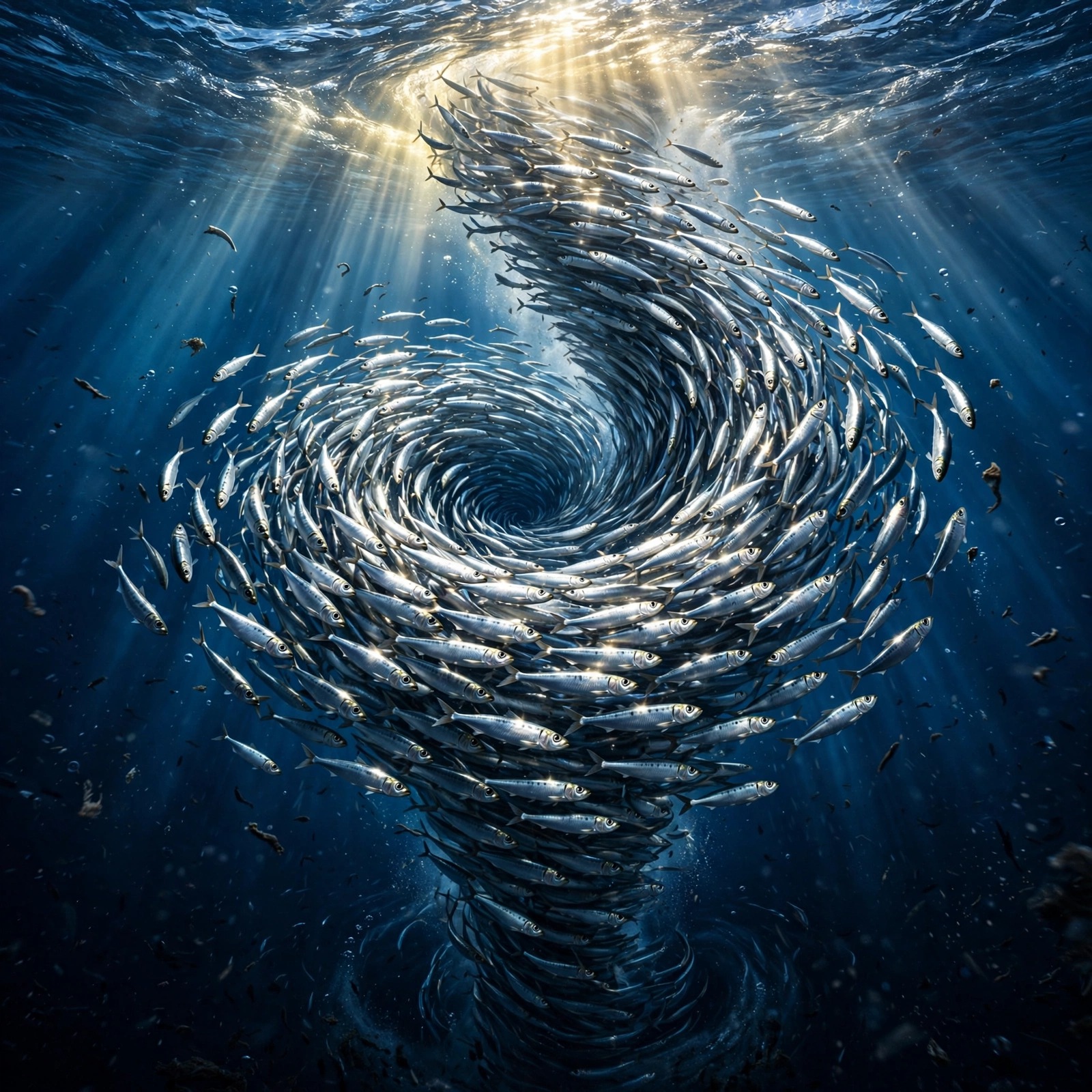 Swirling tornado of silver sardines in deep blue ocean with sunbeams, nature profile picture