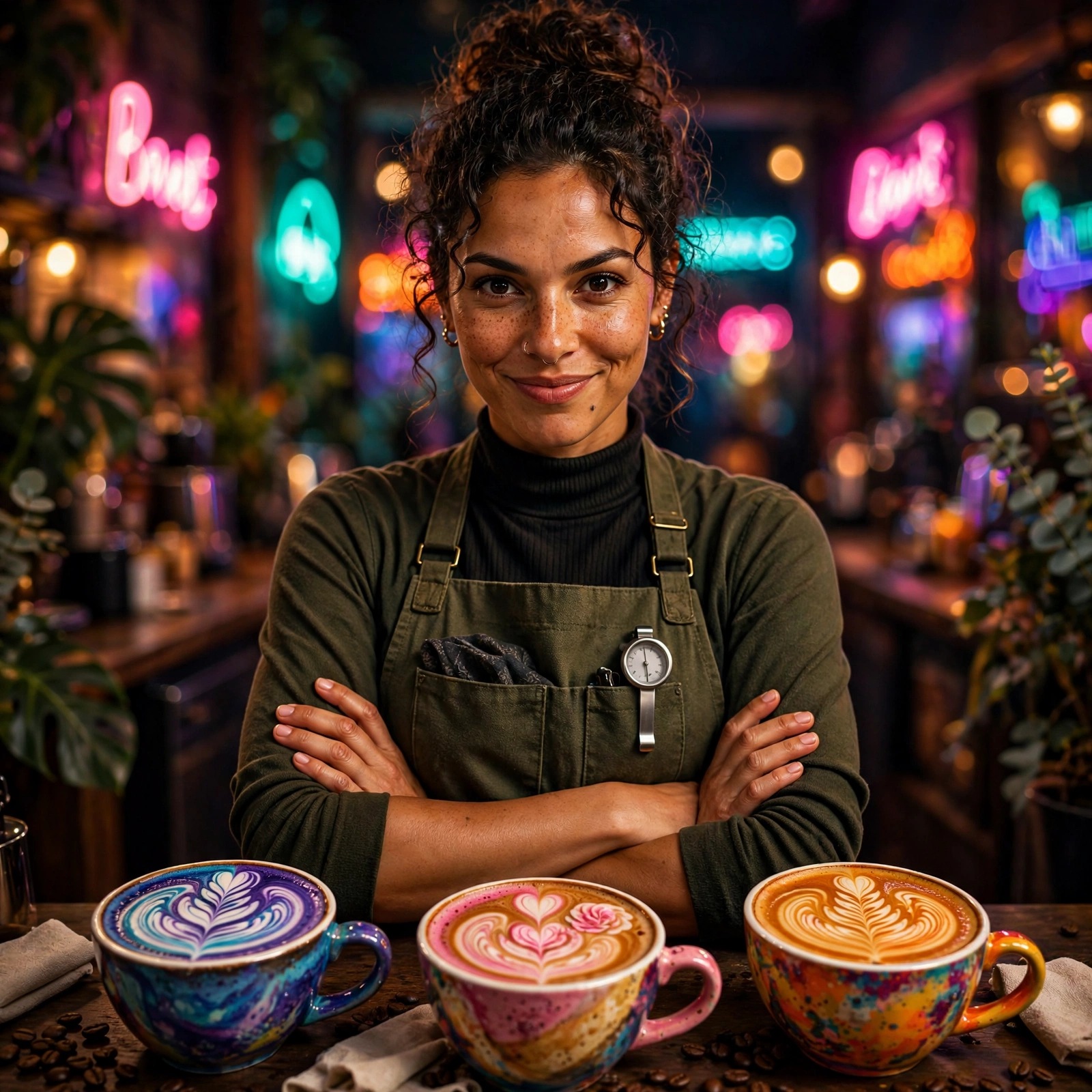 confident barista woman with smirk and latte art cups attitude dp