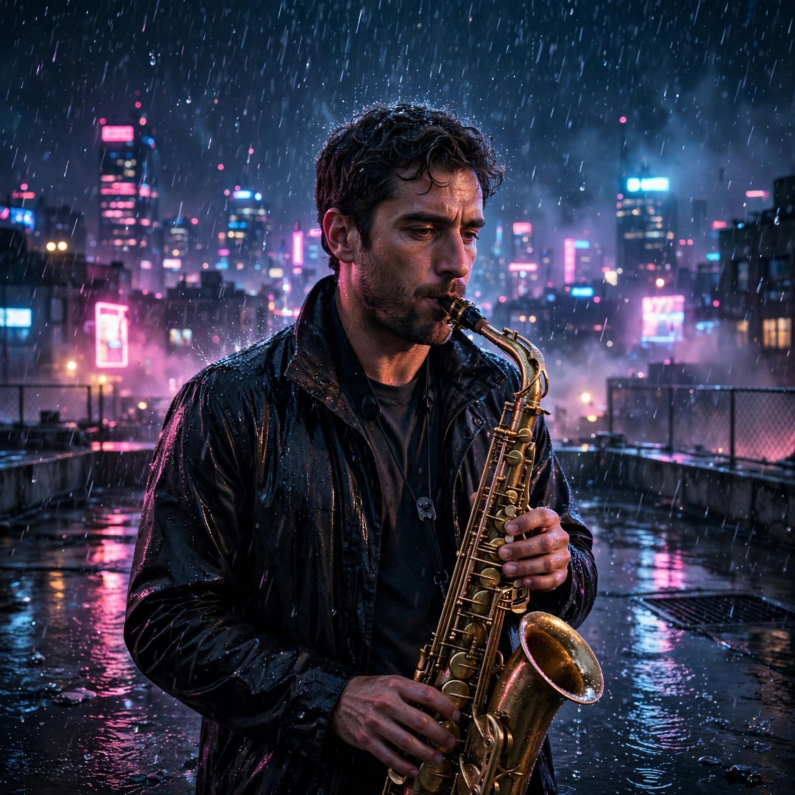 saxophonist playing in rain on neon rooftop boys dp