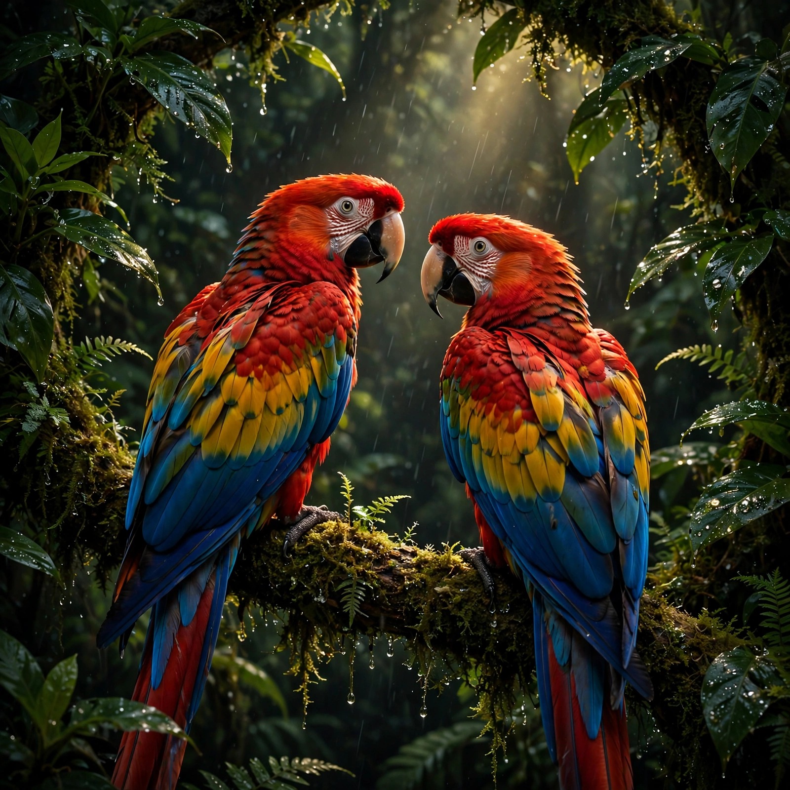 Two scarlet macaws with crimson and blue feathers perched on a mossy branch in a rainforest