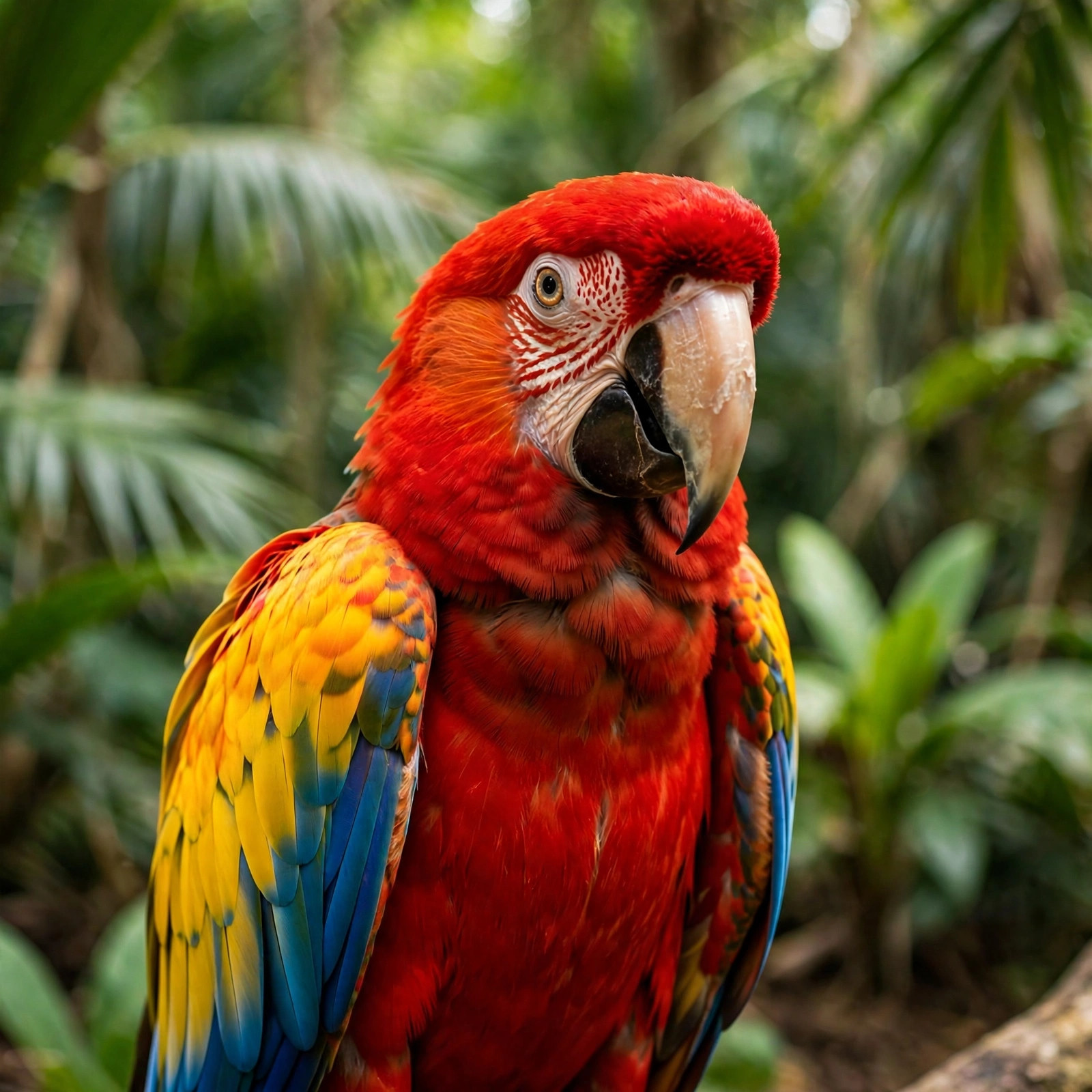 Scarlet macaw parrot with brilliant red yellow and blue feathers