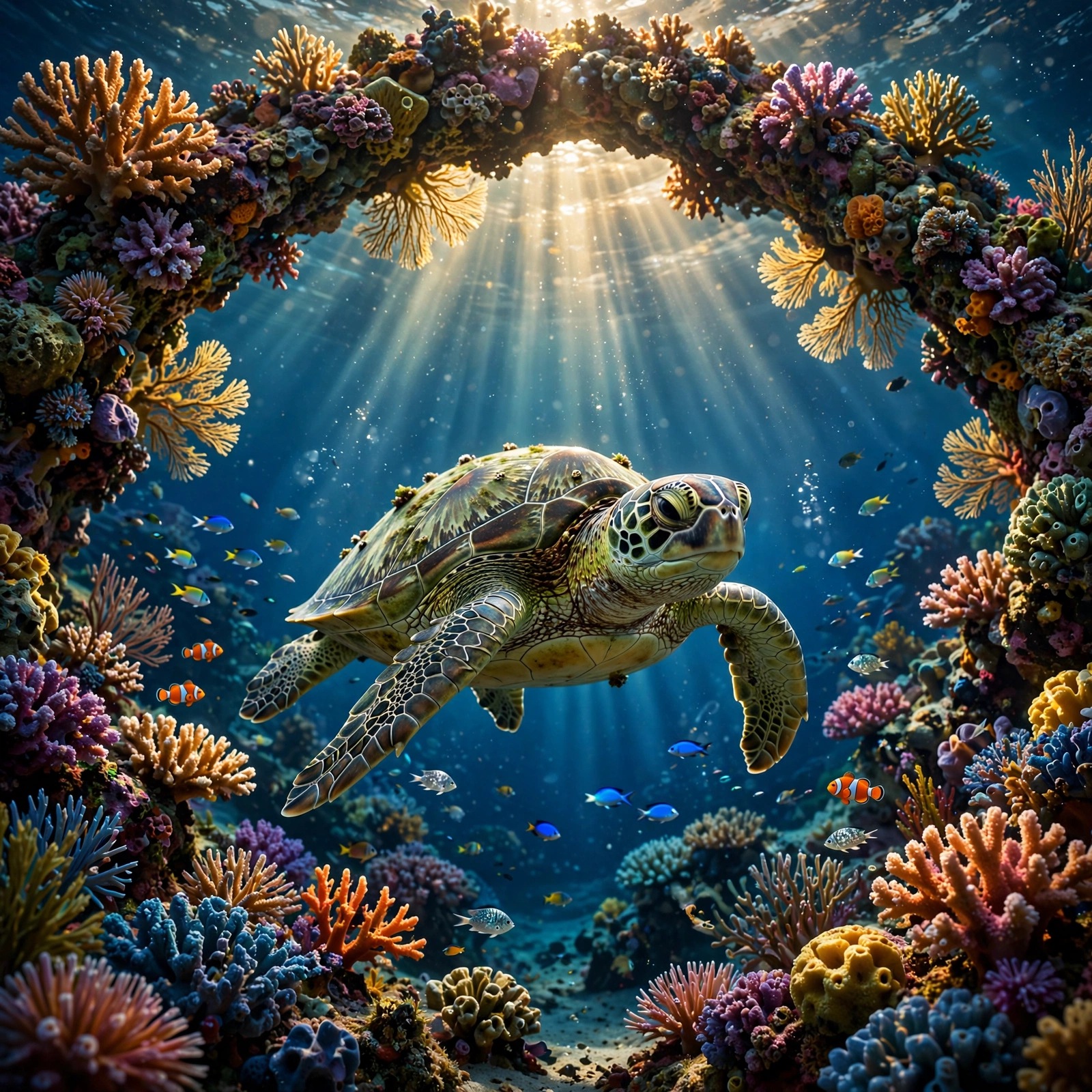 Green sea turtle gliding under a coral arch underwater with sunbeams and colorful reef fish