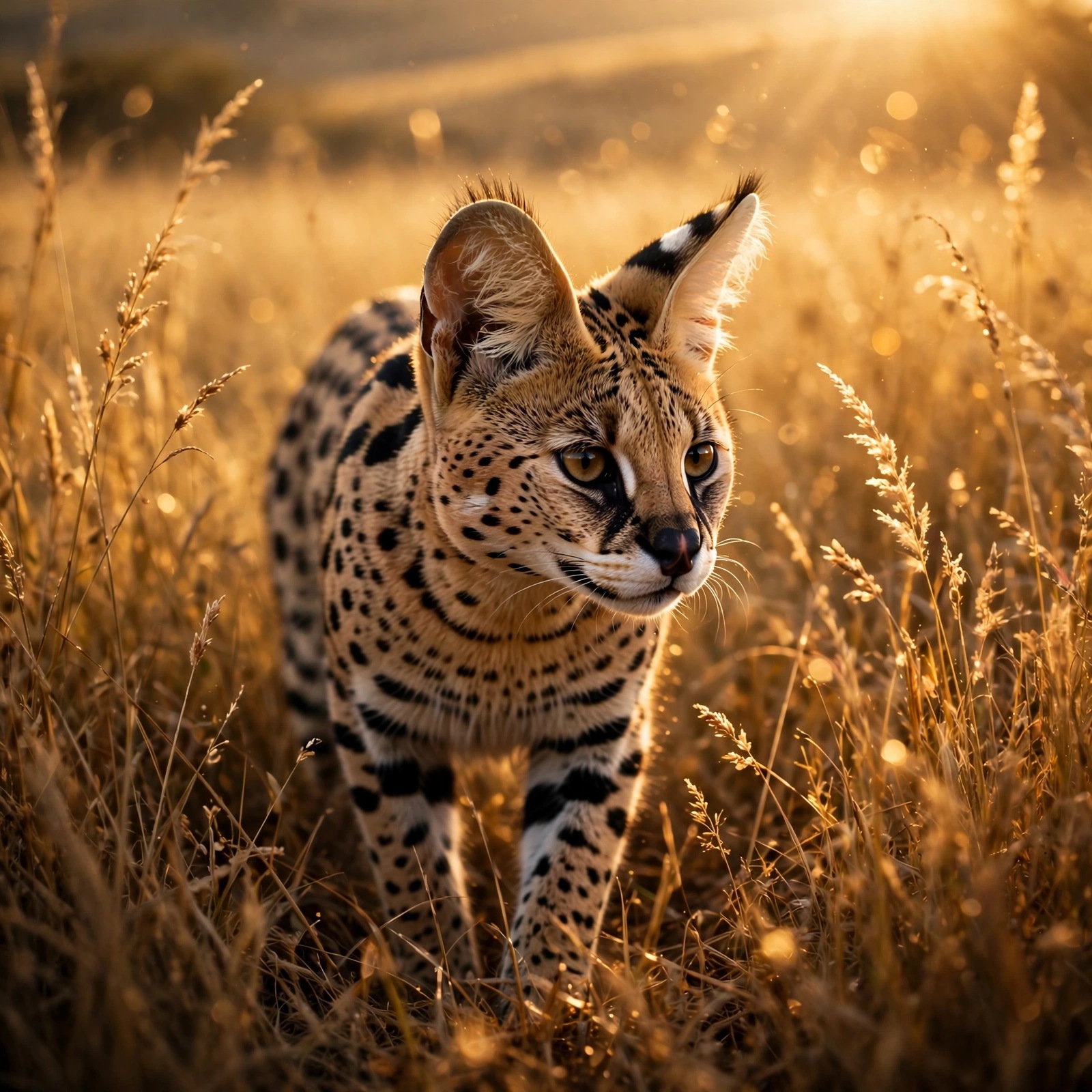 Serval in Tall Savanna Grass