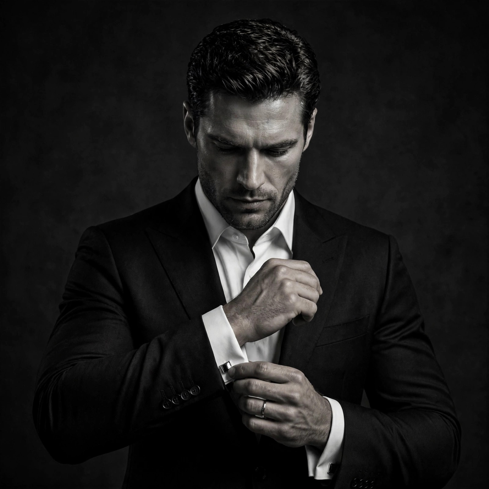 Sharp fictional man in a tailored black suit adjusting his cufflinks