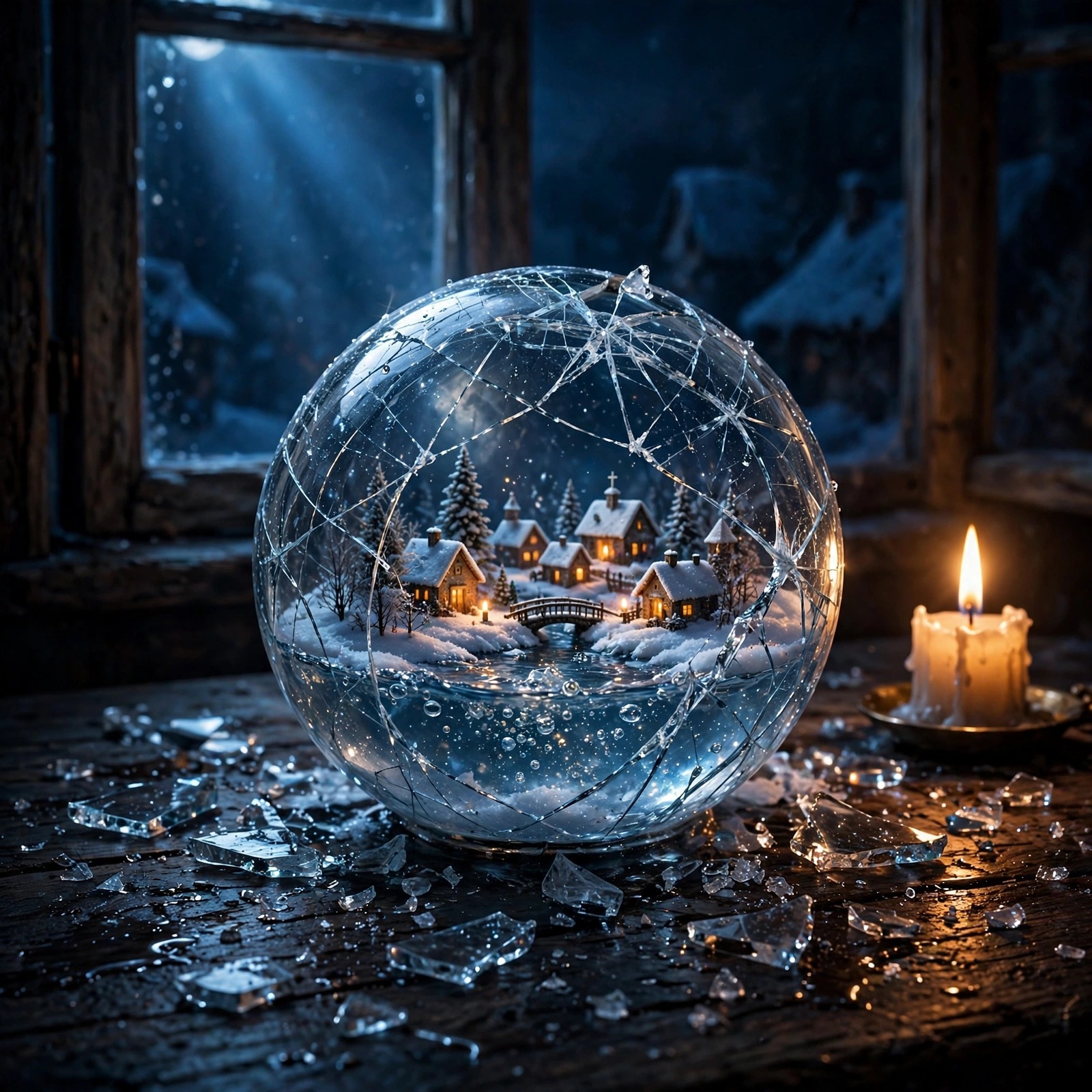 Cracked snowglobe with snowy village and glass shards on a dark table, sad WhatsApp DP