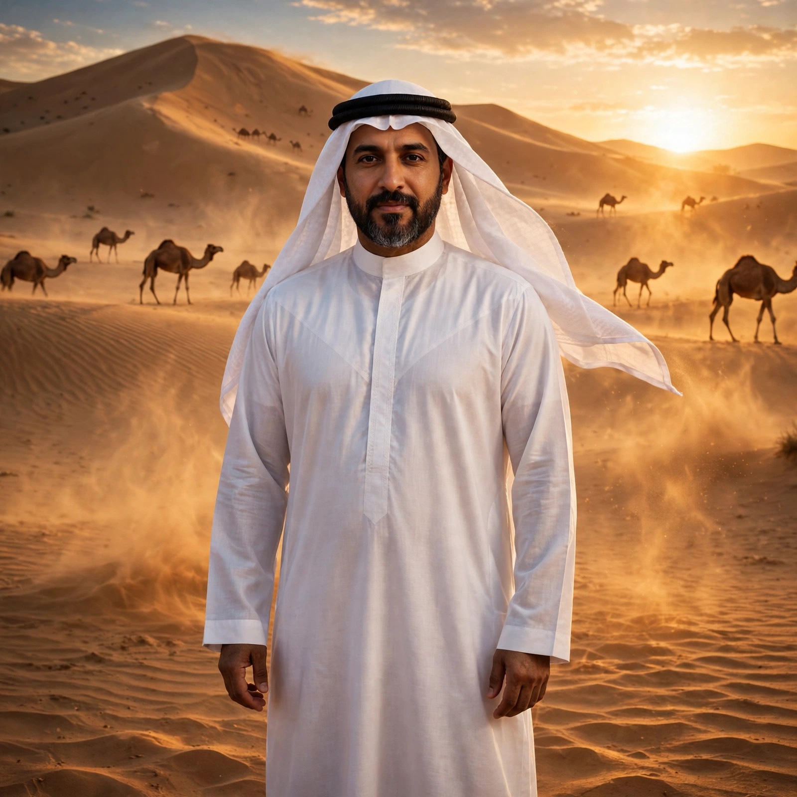 Arab sheikh in white thobe standing in golden desert dunes at sunset with camels, square boys profile picture