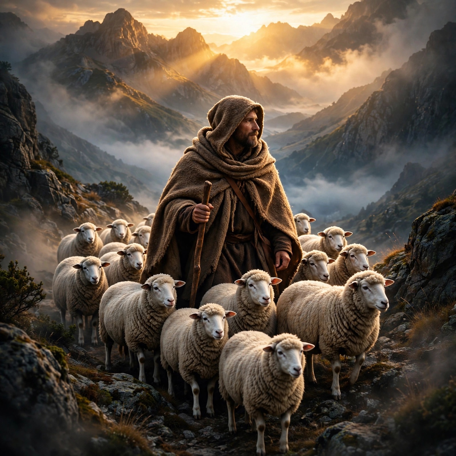 Shepherd Leading Flock Over Mountain Pass at Dawn