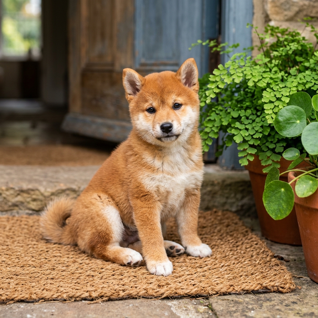 A small Shiba puppy sits on a plain woven doormat beside potted greenery