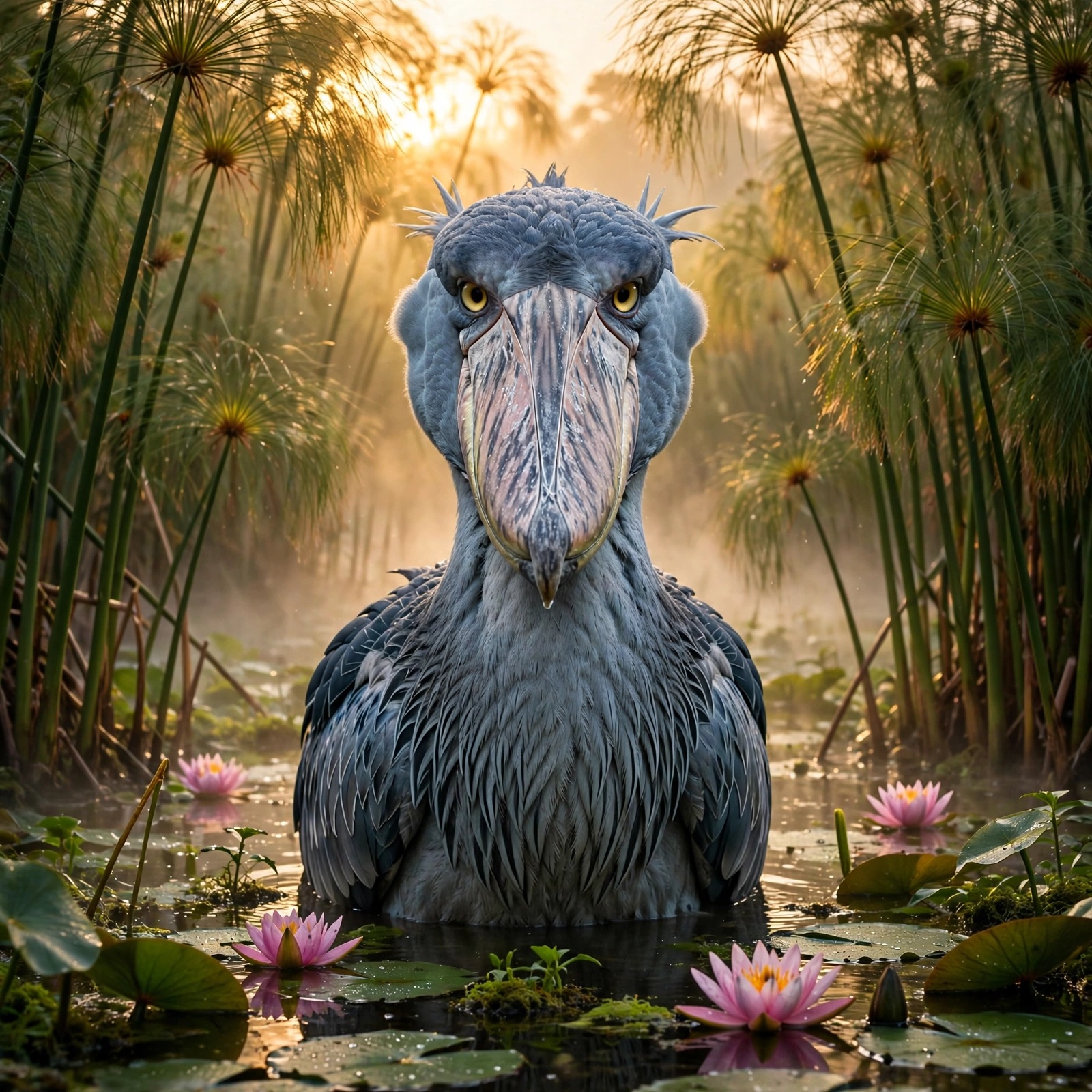 Shoebill stork with yellow eyes among papyrus reeds and water lilies at sunrise, square animal DP