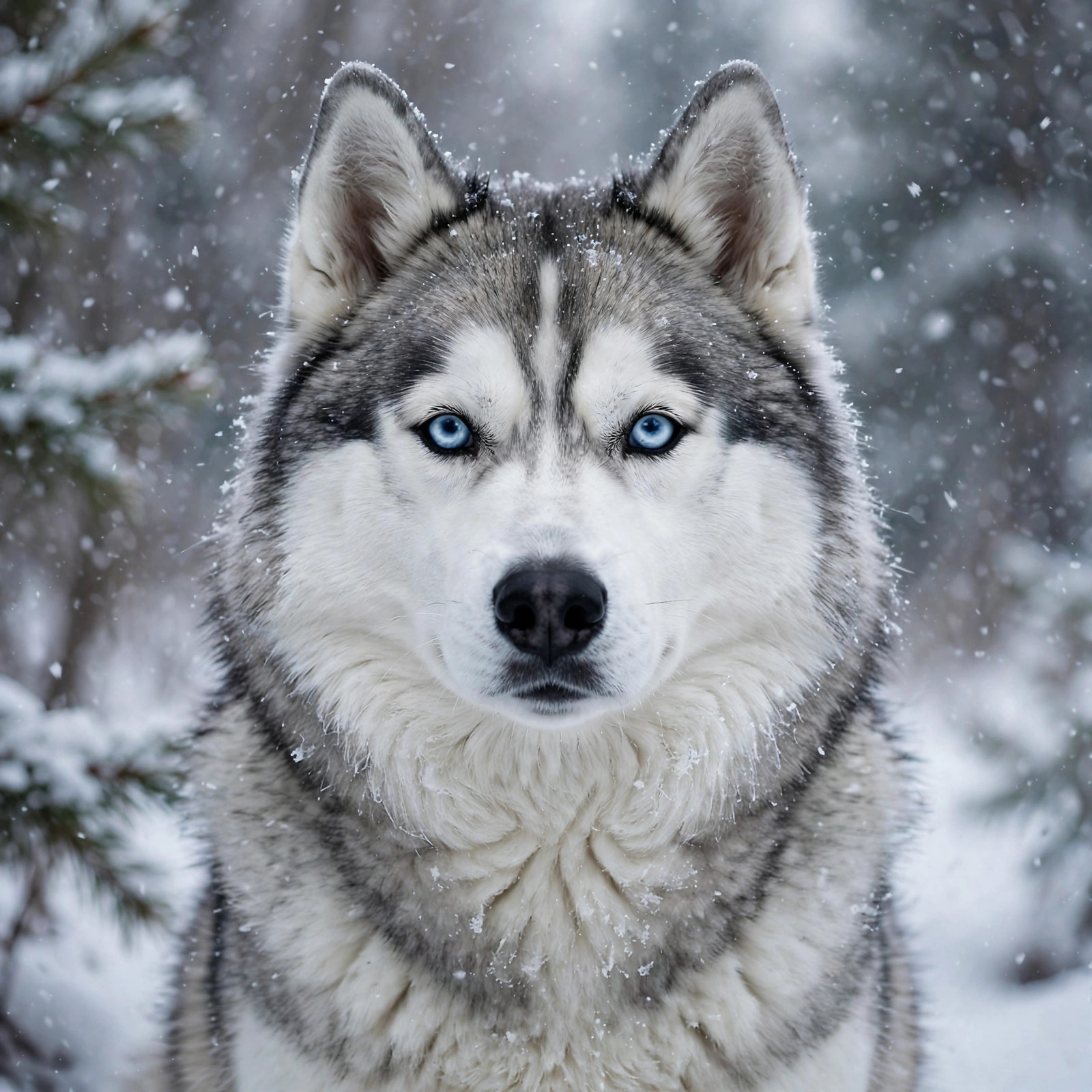 Siberian husky with piercing ice-blue eyes in gently falling snow