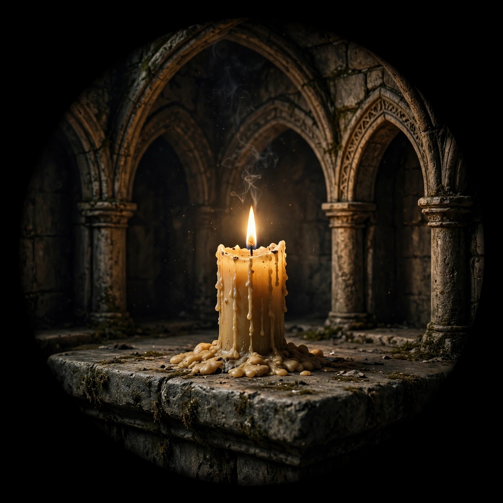 Single candle glowing in dark chapel