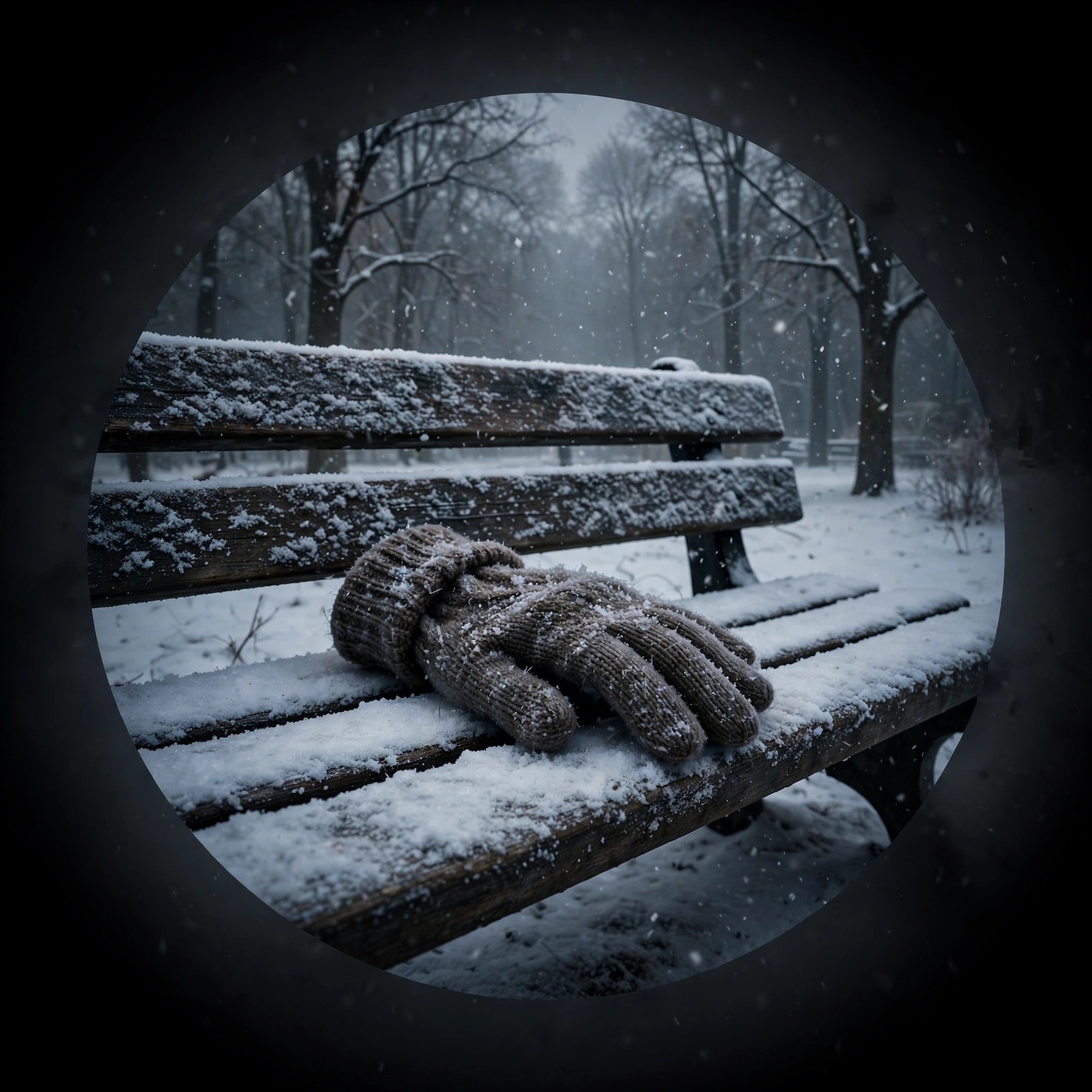 Single glove on a snowy park bench, sad DP