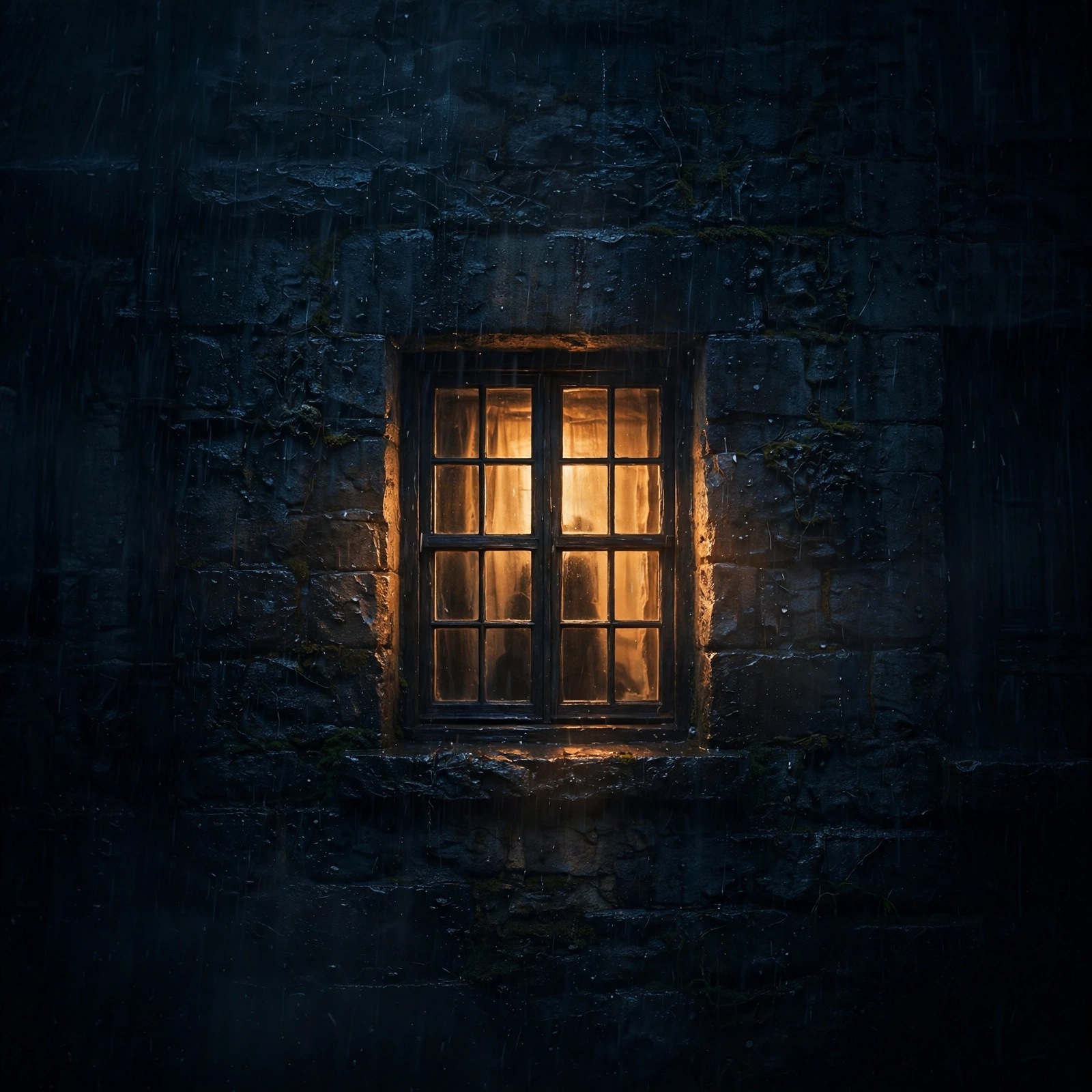 single lit window in a dark building at night