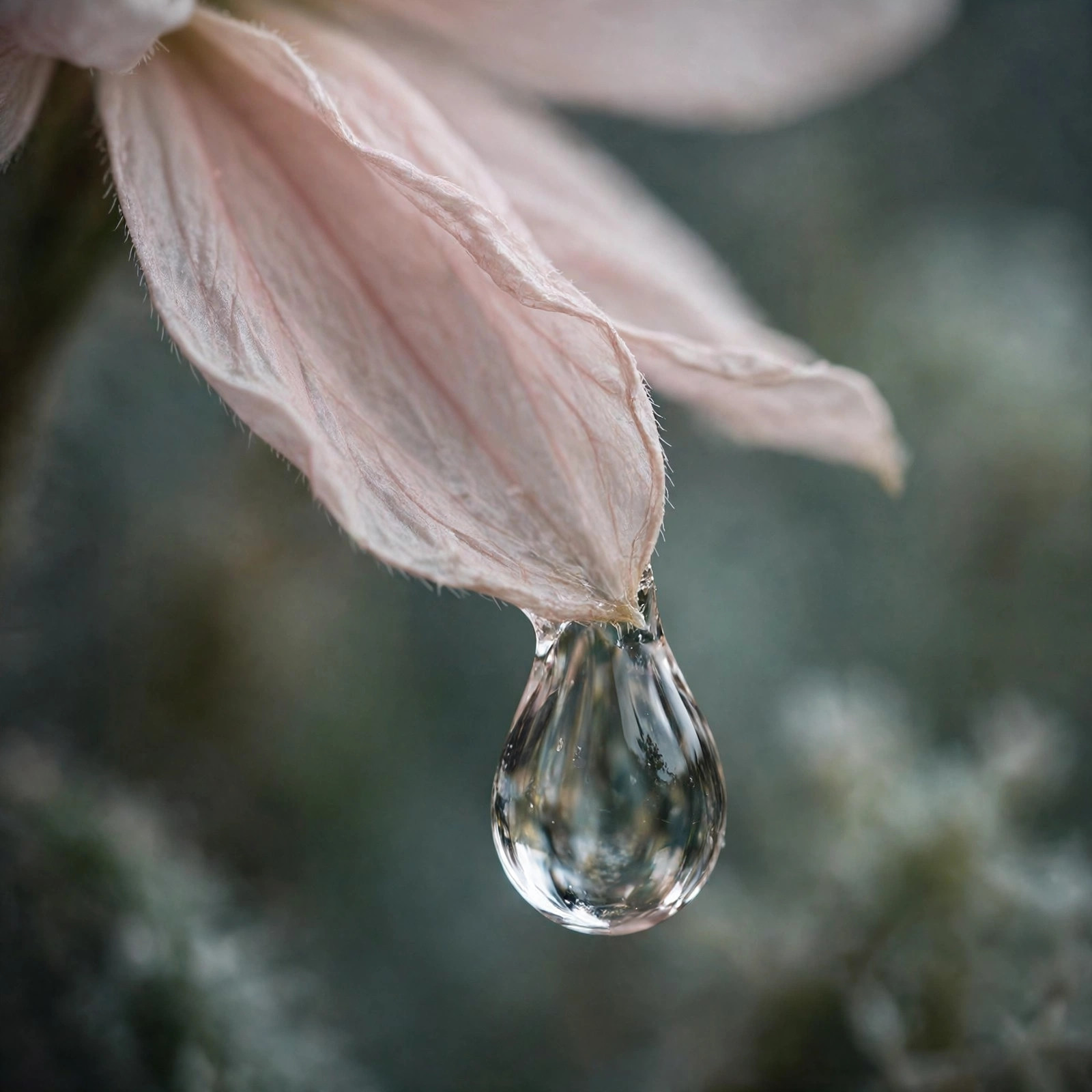Single teardrop-shaped water drop clinging to a delicate flower petal in extreme macro