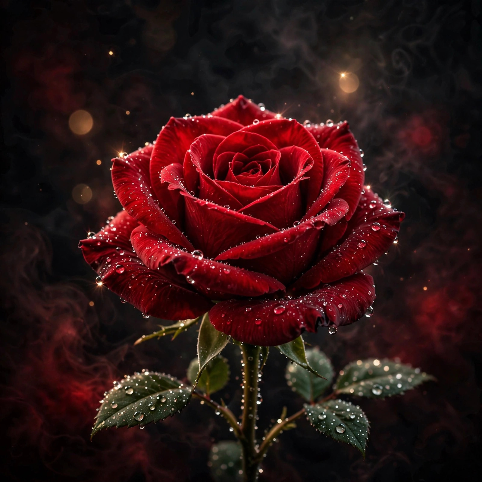 Single velvet red rose with sparkling dew drops on a dark romantic background