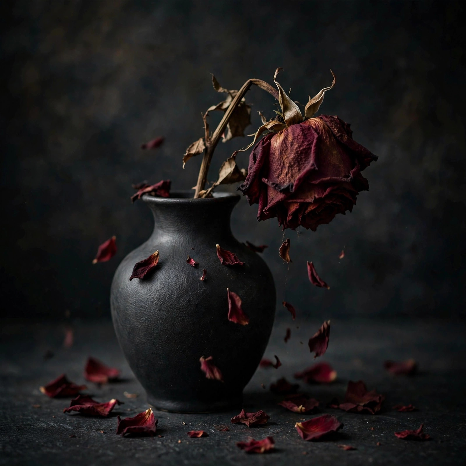 Single withered dark red rose drooping in a black vase