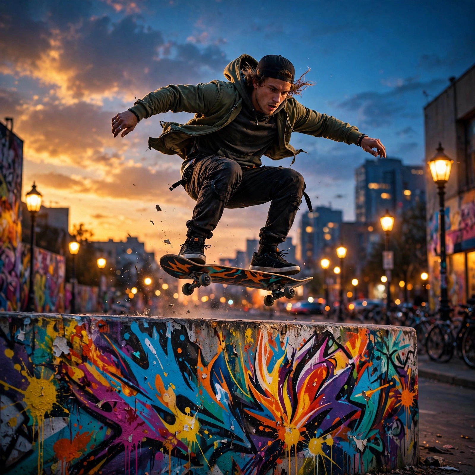 Skateboarder mid-air above a graffiti wall at blue hour, motivational DP