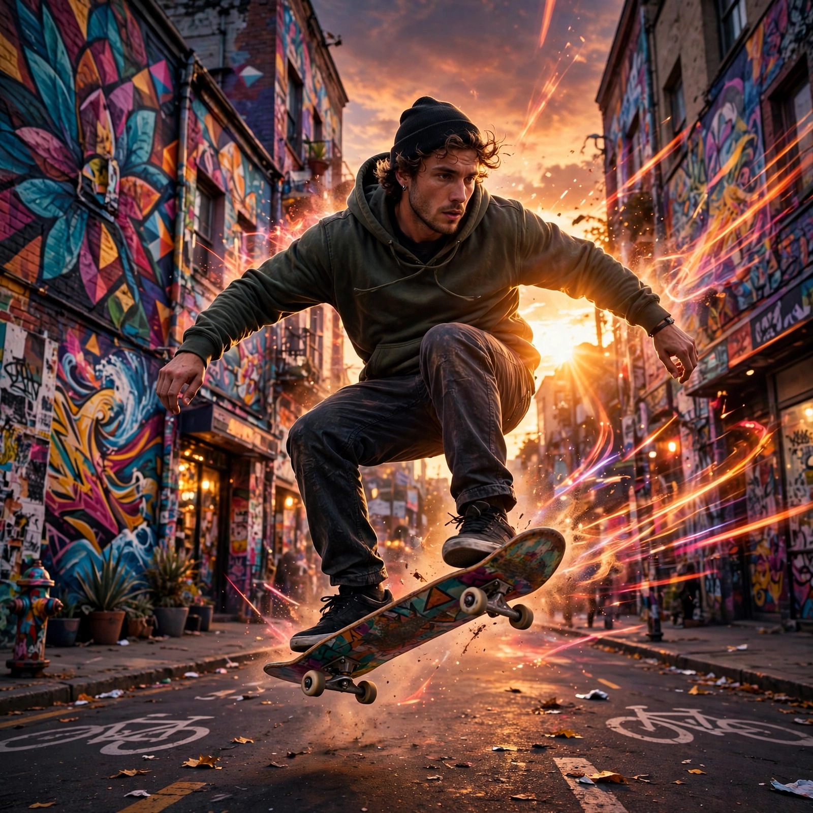 Skateboarder sunset street profile picture — original AI artwork for WhatsApp DP
