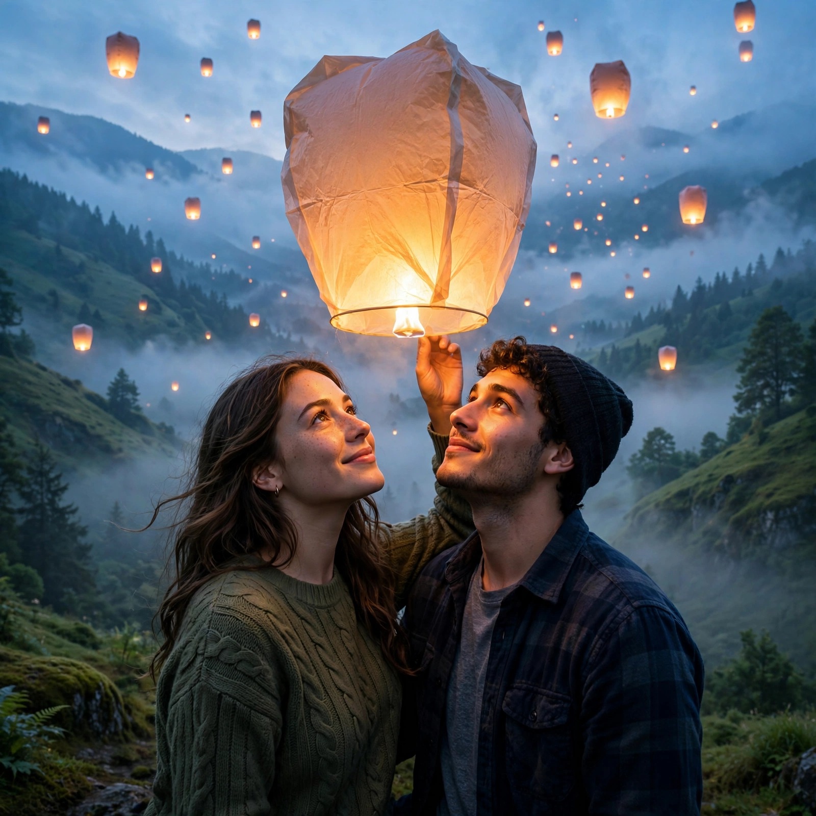 Couple releasing a glowing sky lantern over a misty valley at dawn, romantic profile picture
