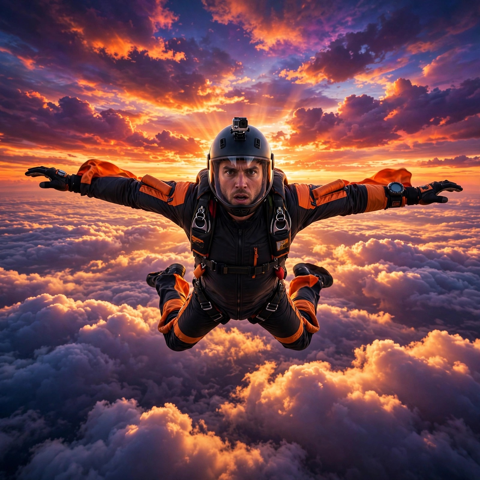 skydiver freefalling above clouds at sunset motivational dp
