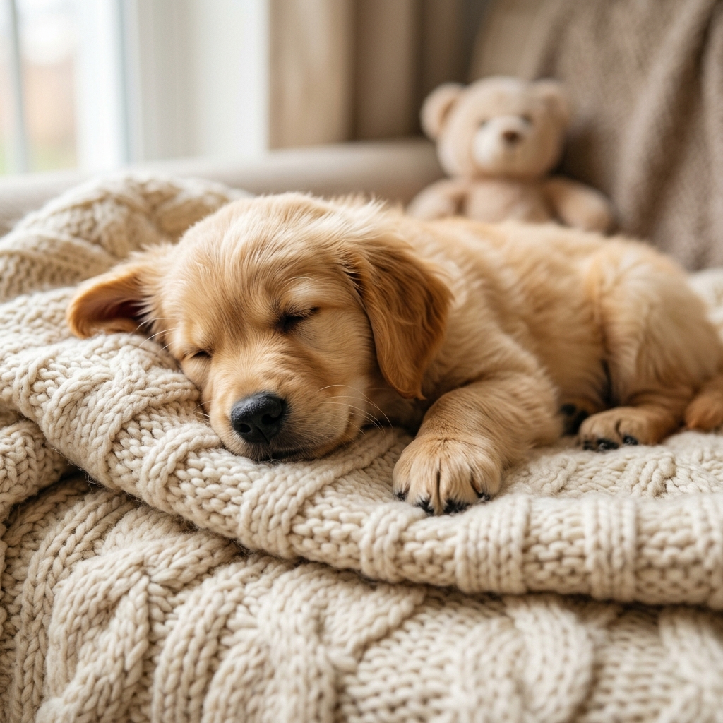A golden puppy sleeps with its chin on a folded knitted blanket