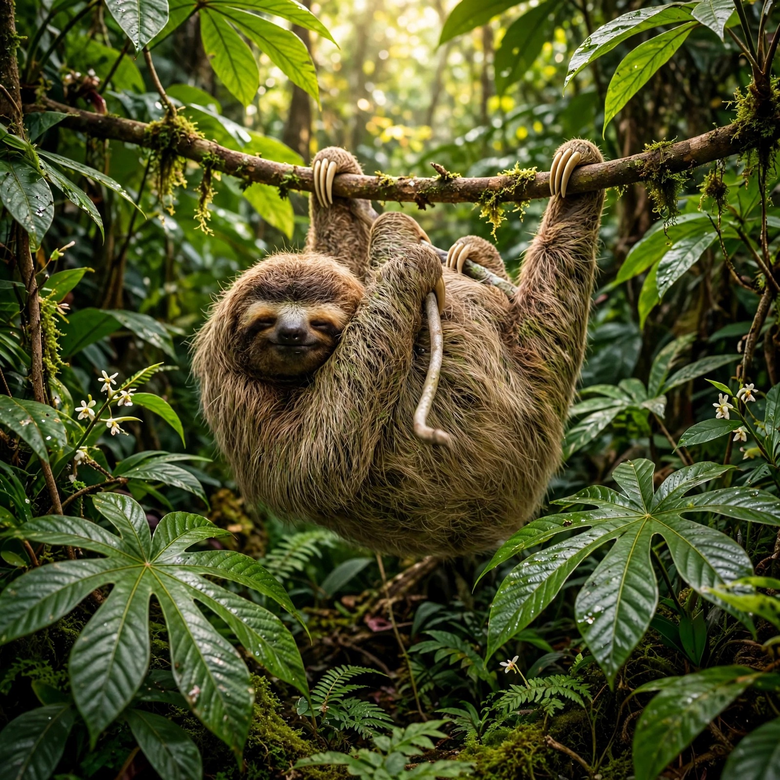 Sloth hanging from a cecropia branch in the rainforest
