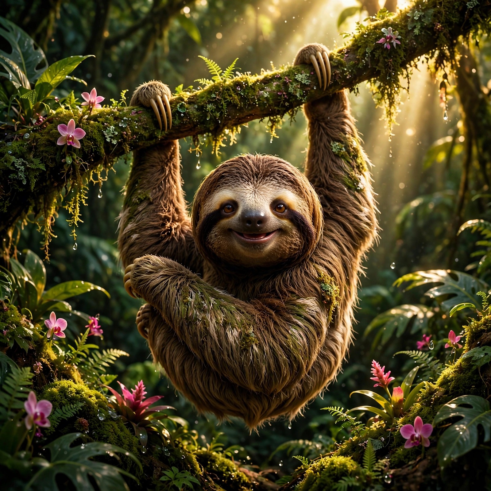 Smiling sloth hanging from a mossy branch in dappled jungle light with orchids