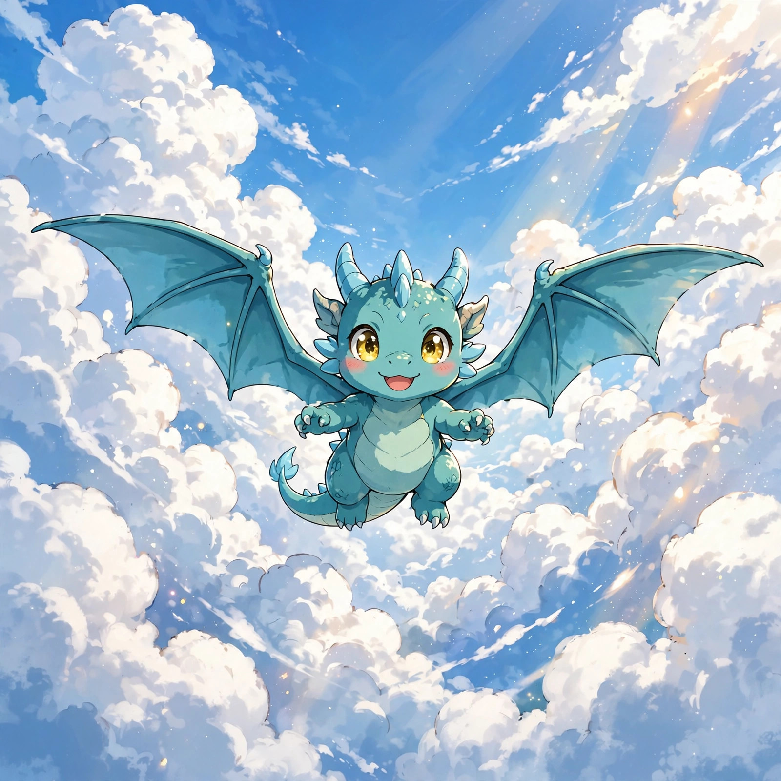 Small cute anime dragon soaring through bright fluffy white clouds in a blue sky