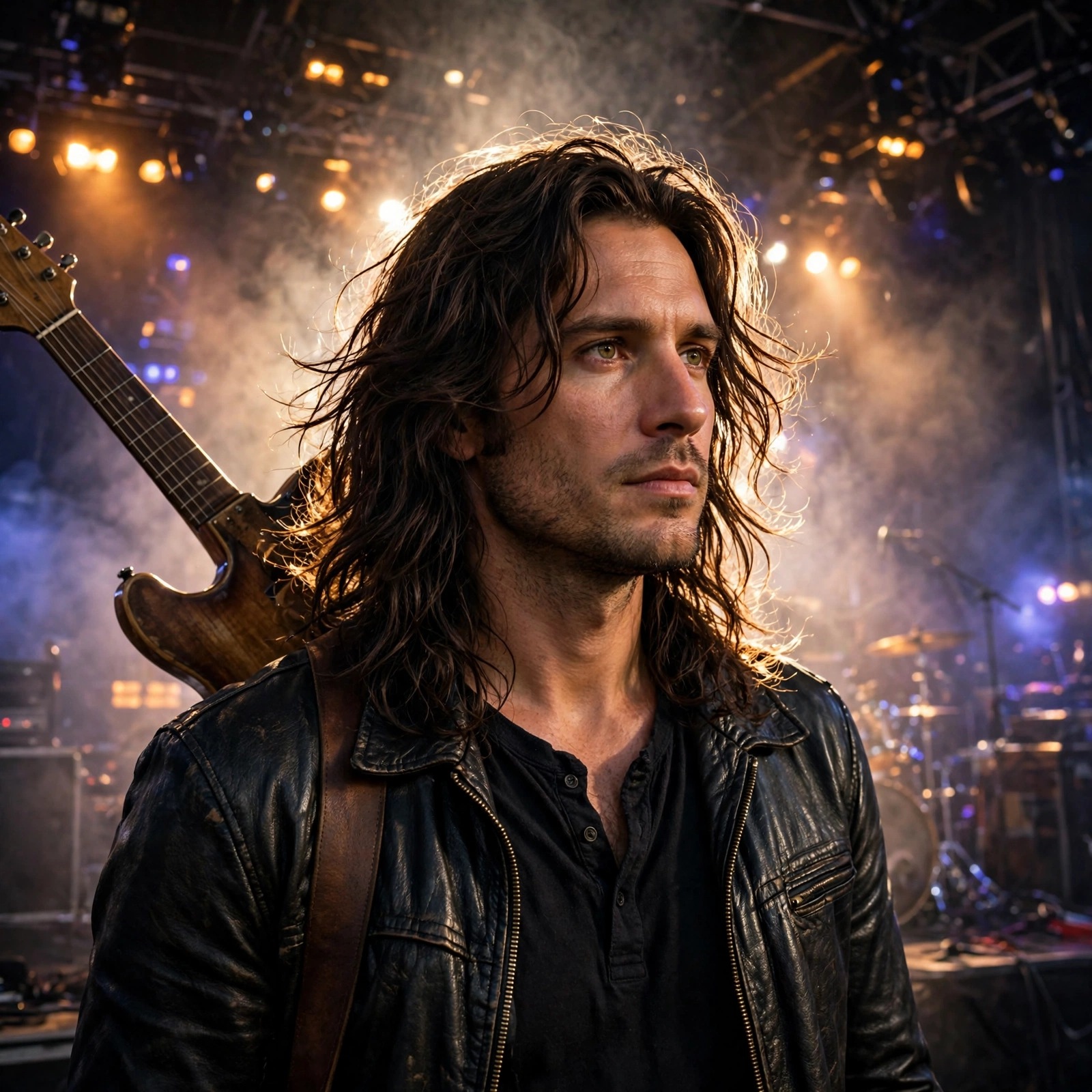 Smoky stage guitarist profile picture — original AI artwork for WhatsApp DP