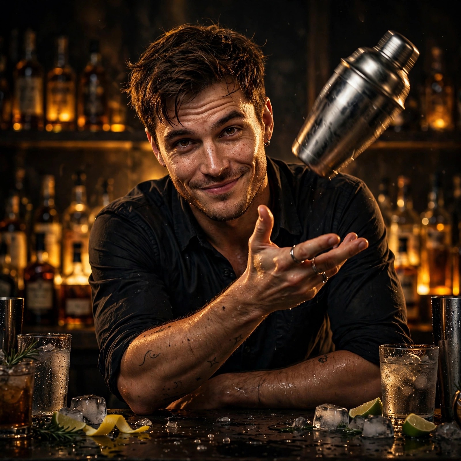 smug bartender tossing cocktail shaker